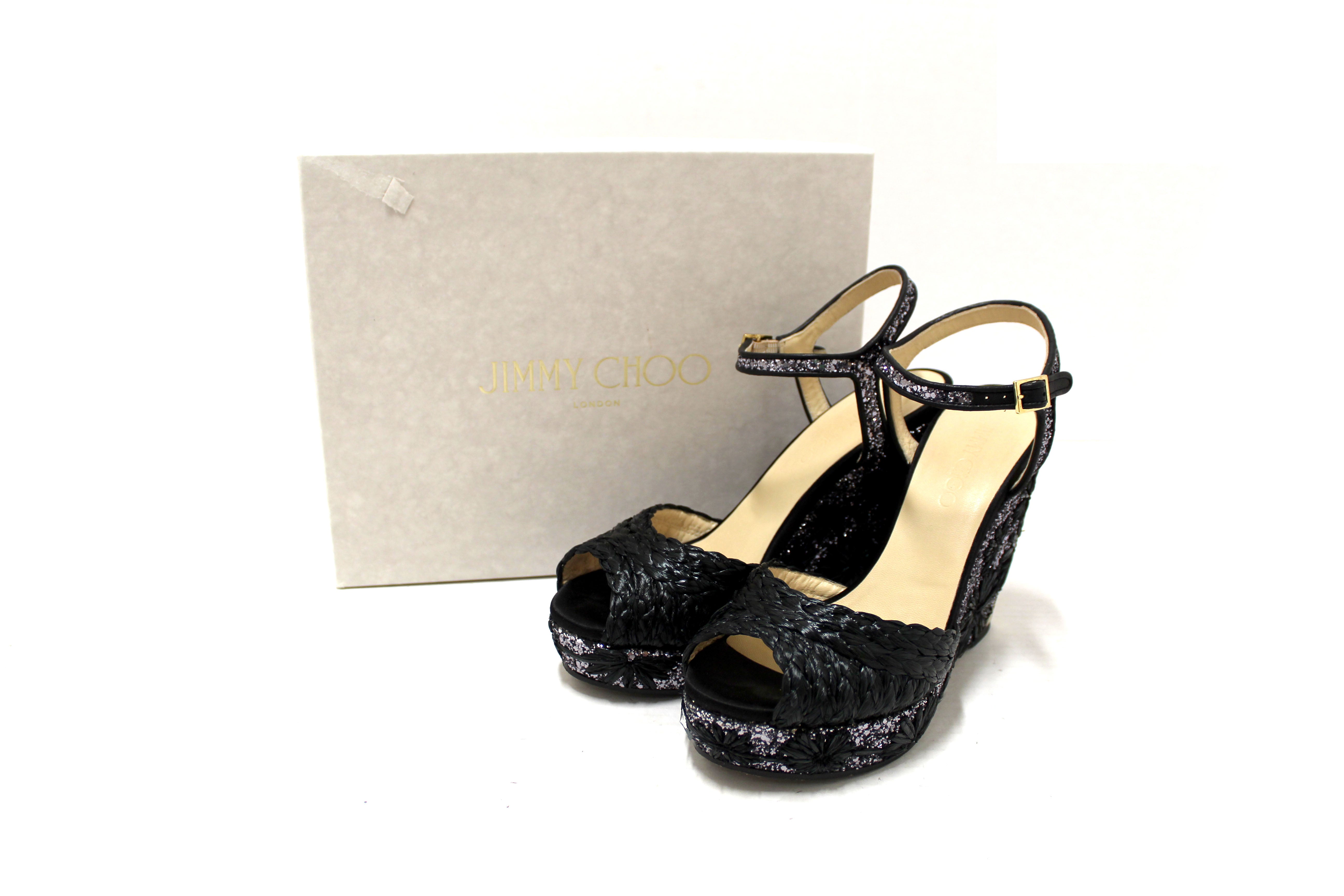 Authentic Jimmy Choo Black Raffia with Raffia Embroidered Glitter Wedge Size 39