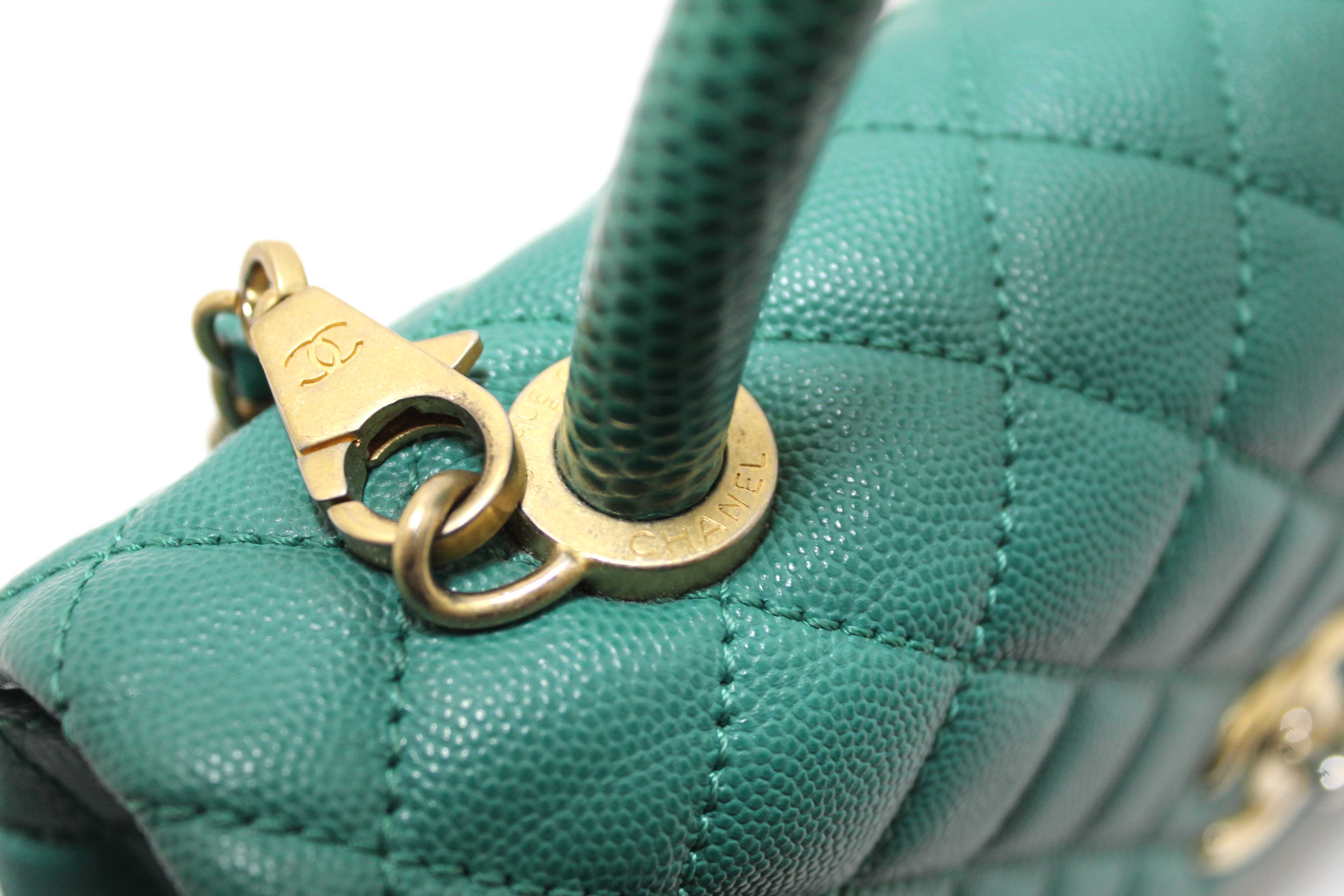 Authentic Chanel Green Quilted Caviar Leather Large CoCo Handle Flap Bag
