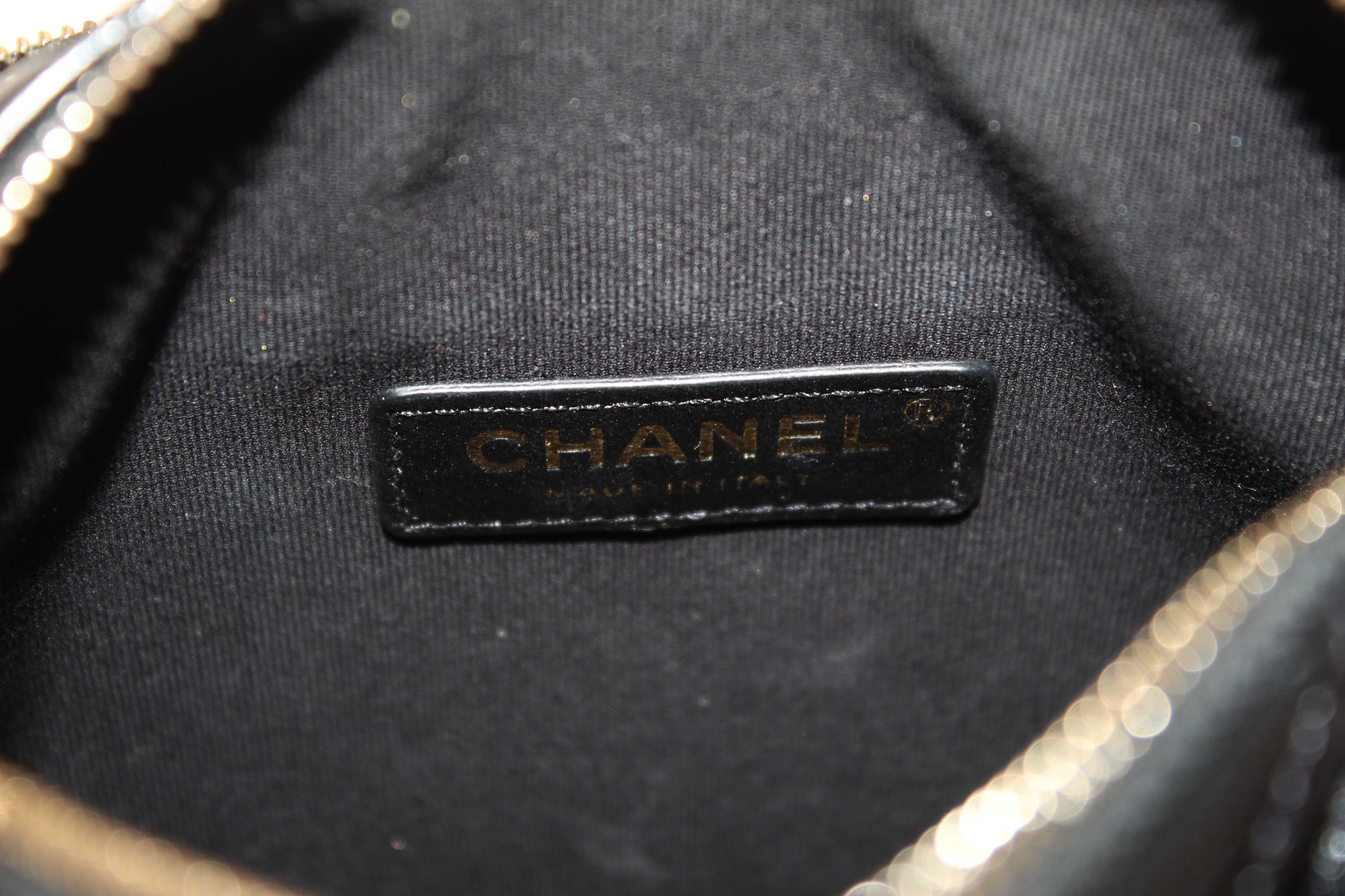 Authentic Chanel Black Shiny Crumpled Lambskin Quilted Small Preppy Pocket Camera Case Bag