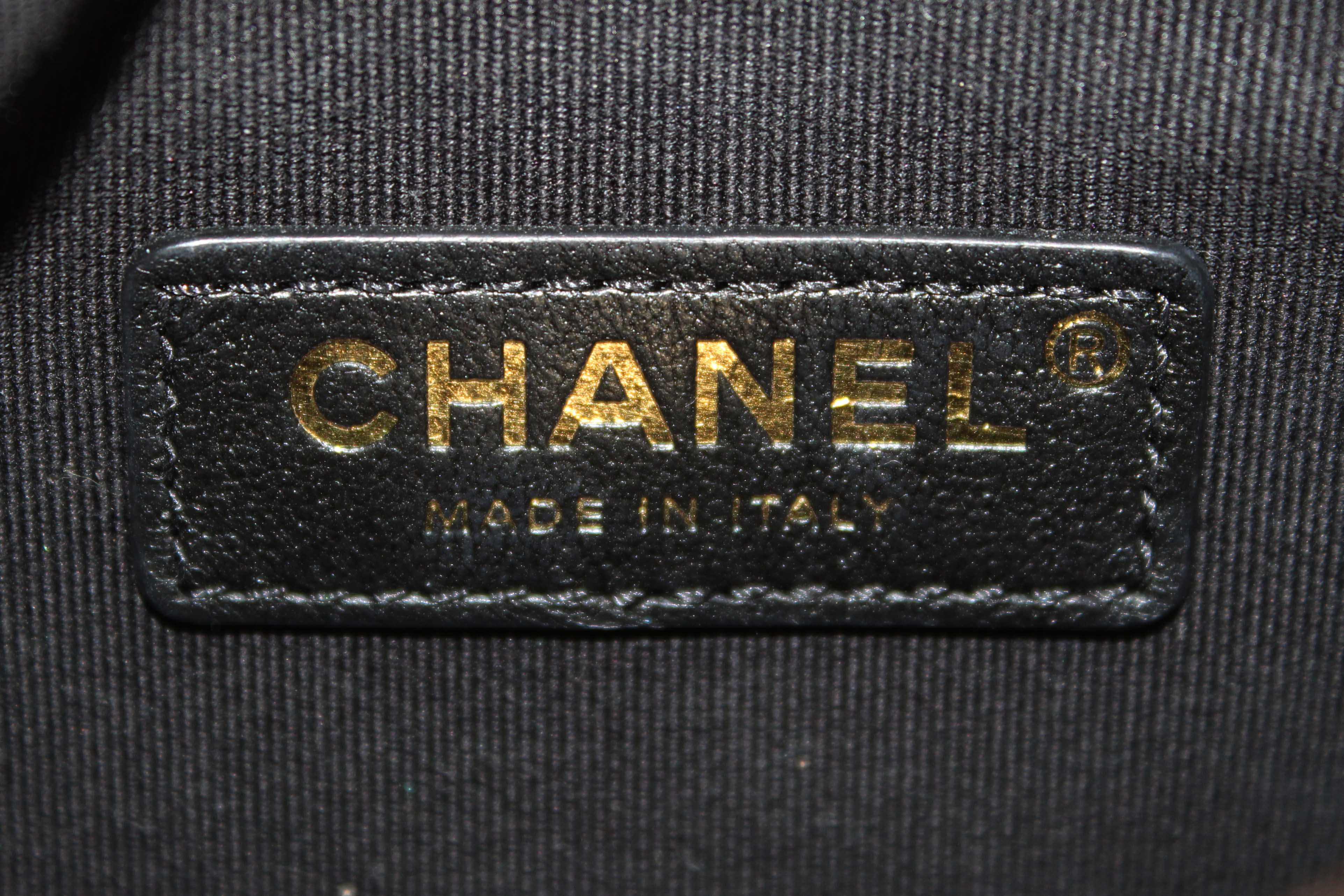 Authentic Chanel Black Shiny Crumpled Lambskin Quilted Small Preppy Pocket Camera Case Bag