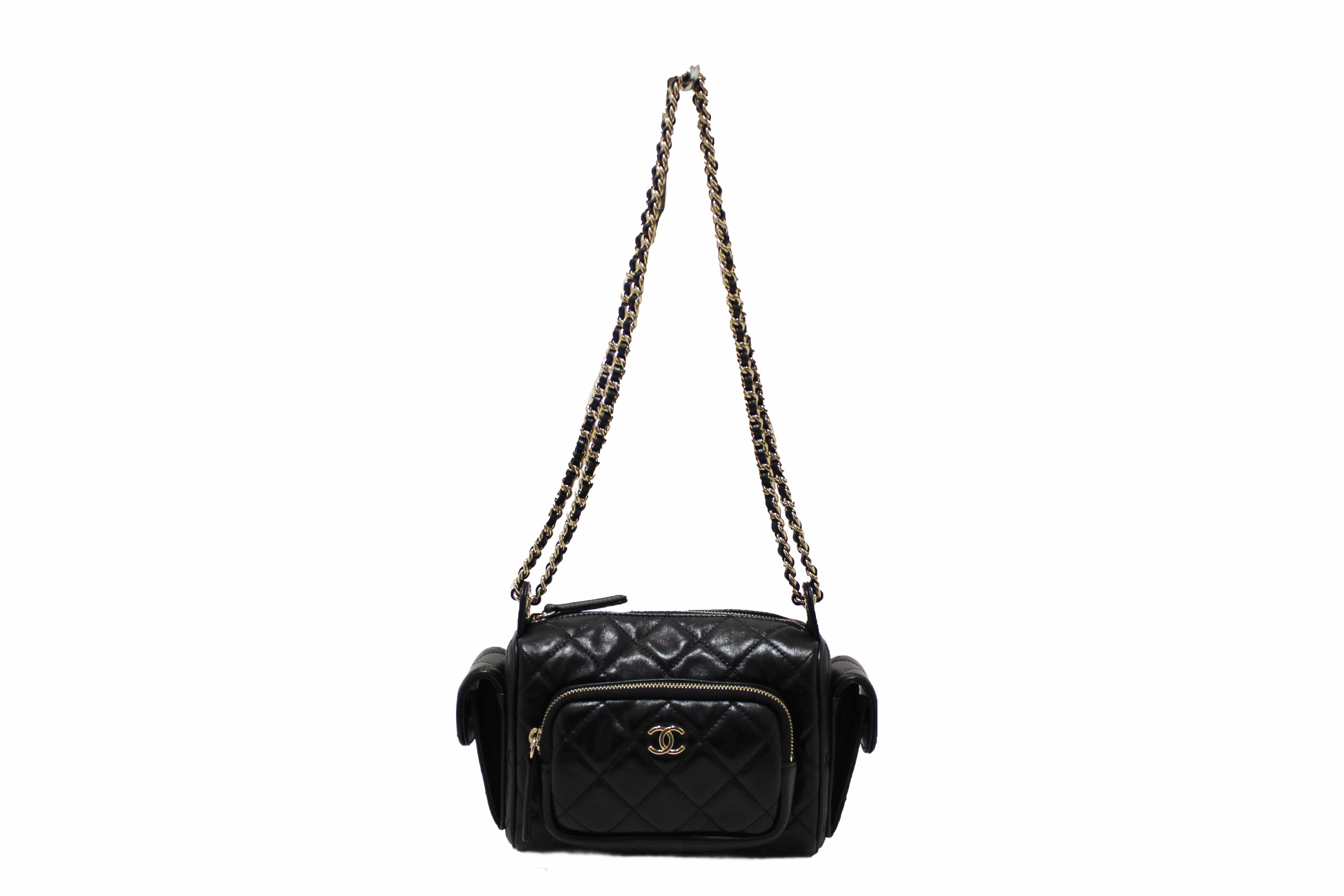 Authentic Chanel Black Shiny Crumpled Lambskin Quilted Small Preppy Pocket Camera Case Bag