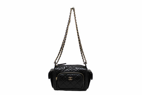 Authentic Chanel Black Shiny Crumpled Lambskin Quilted Small Preppy Pocket Camera Case Bag