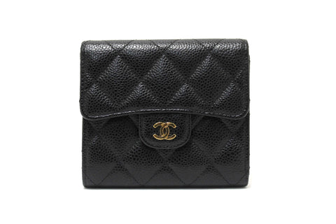 Authentic Chanel Black Quilted Caviar Leather Classic Small Flap Wallet