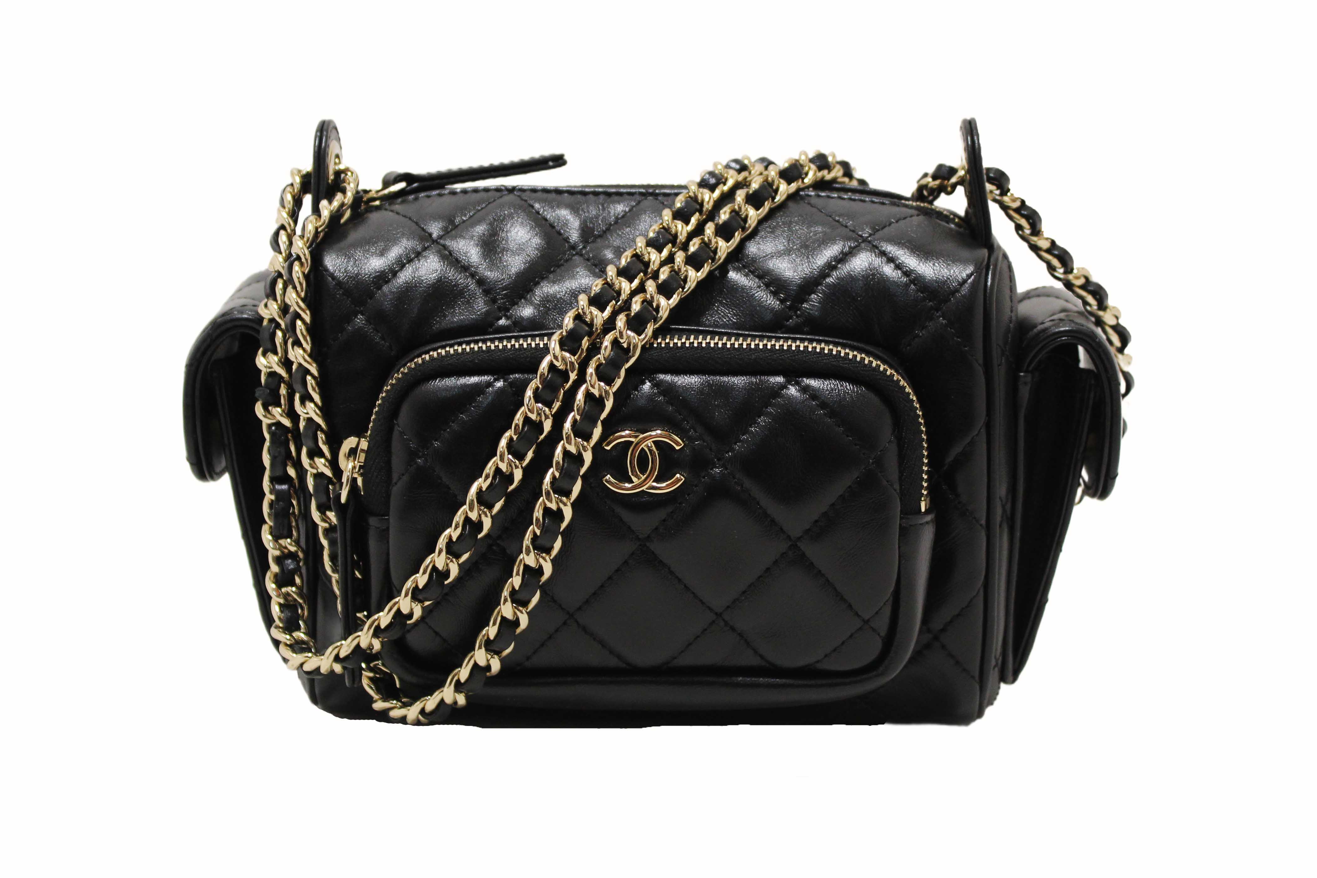 Authentic Chanel Black Shiny Crumpled Lambskin Quilted Small Preppy Pocket Camera Case Bag