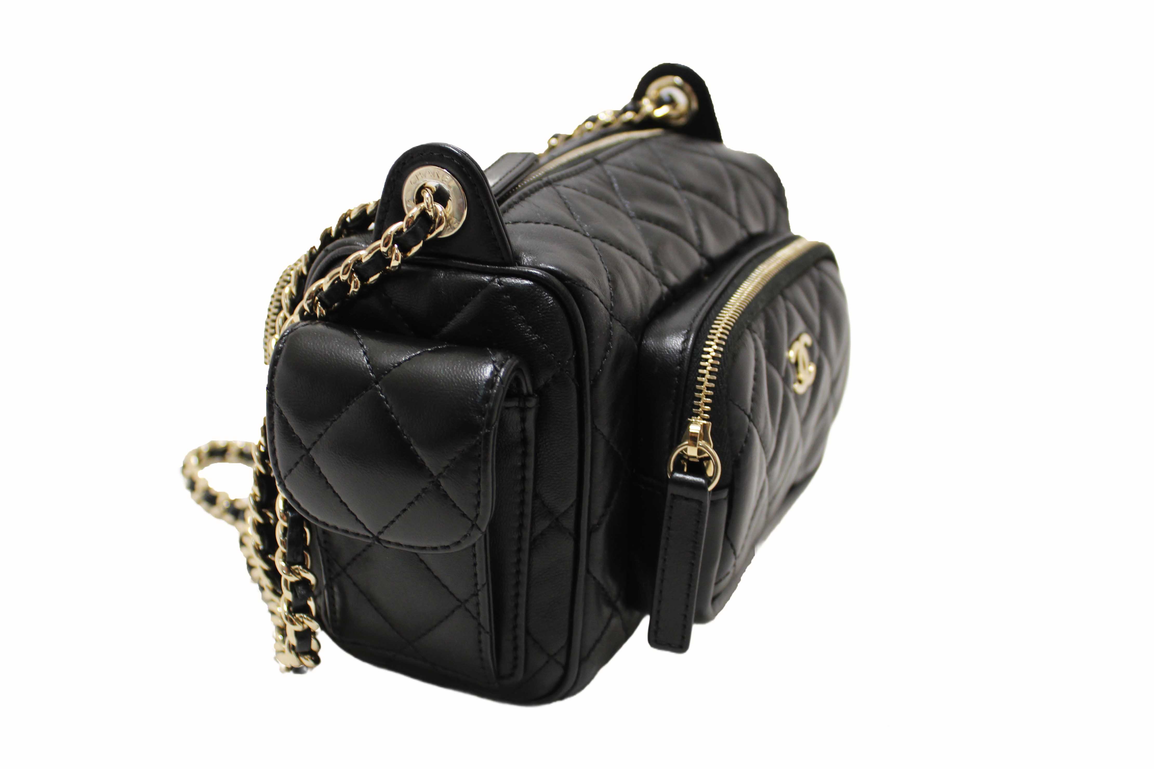 Authentic Chanel Black Shiny Crumpled Lambskin Quilted Small Preppy Pocket Camera Case Bag