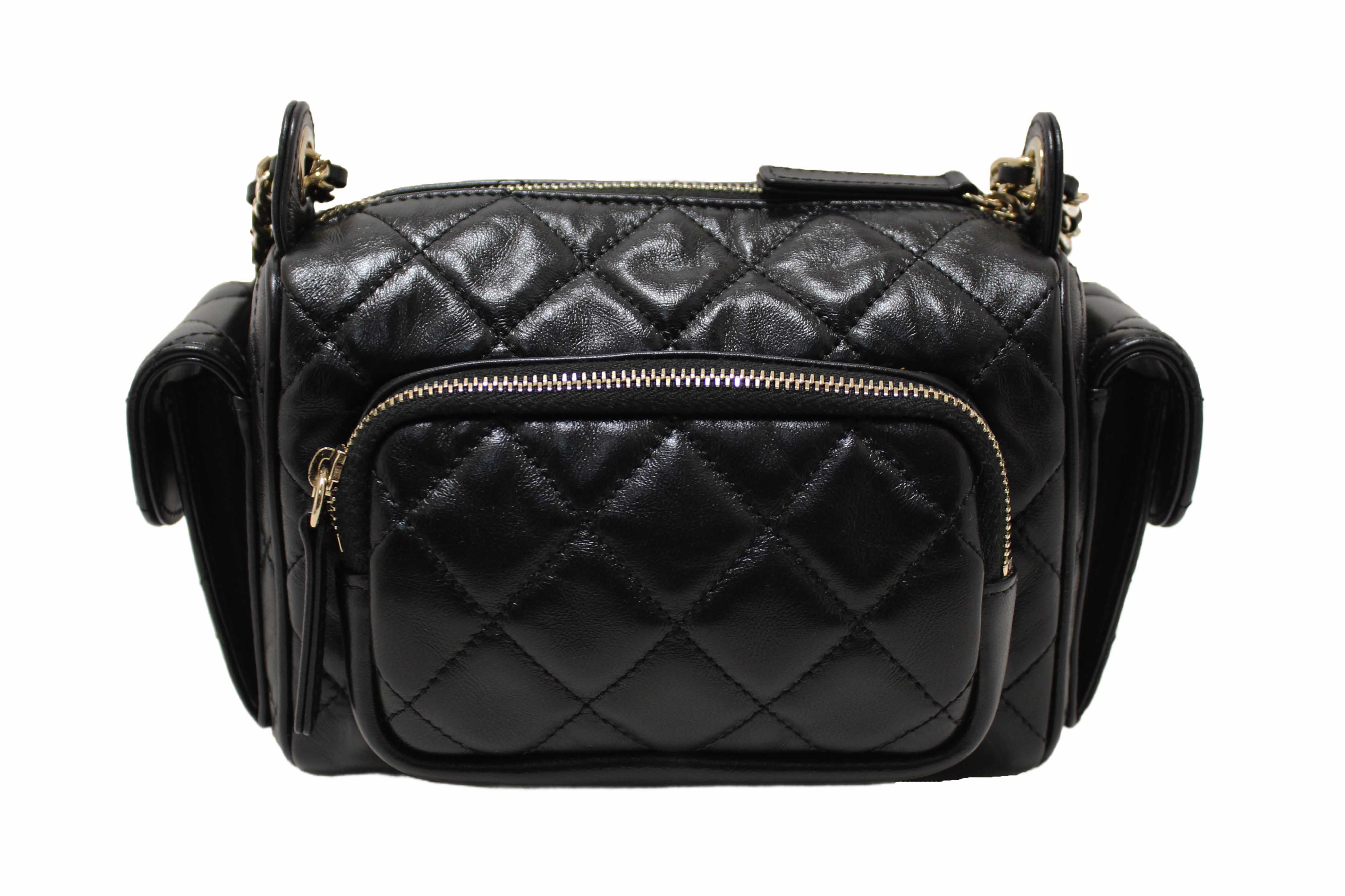 Authentic Chanel Black Shiny Crumpled Lambskin Quilted Small Preppy Pocket Camera Case Bag