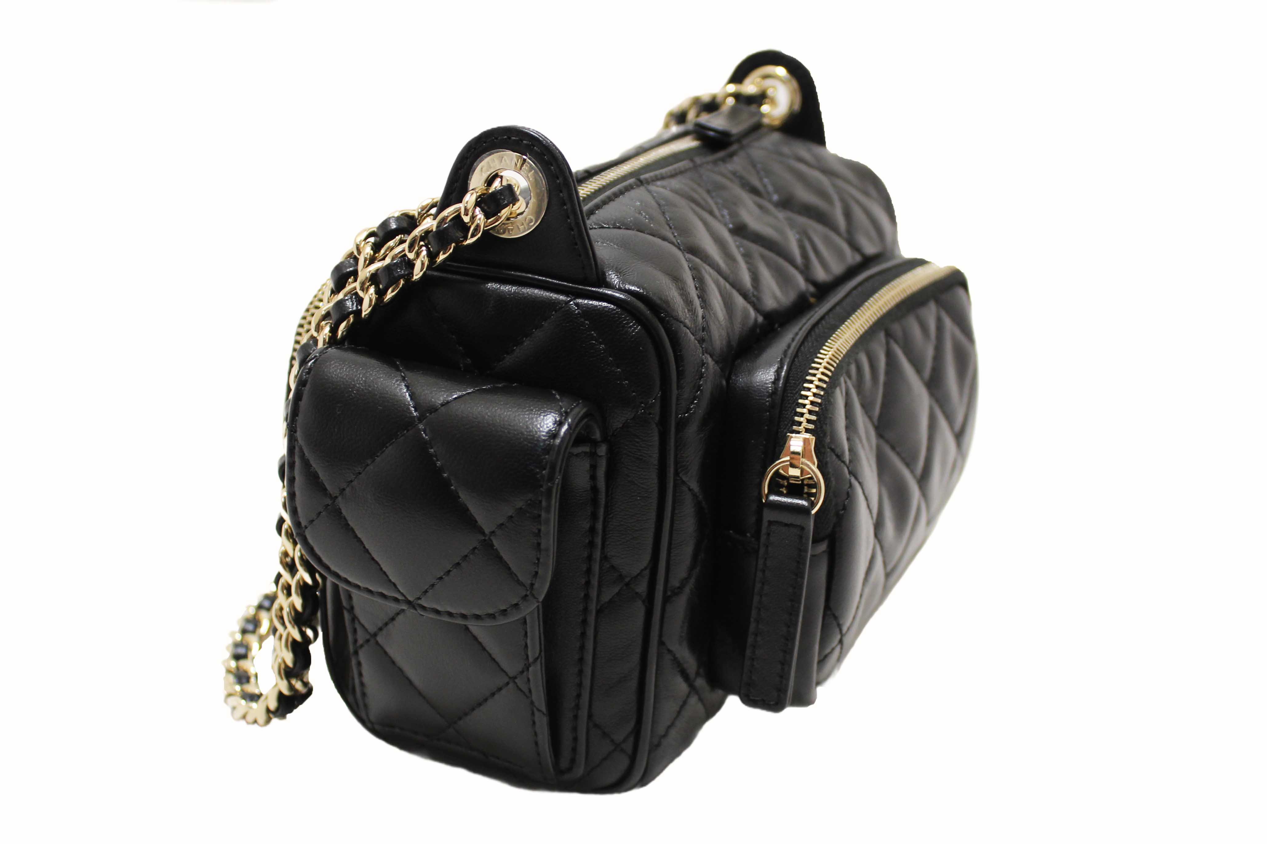Authentic Chanel Black Shiny Crumpled Lambskin Quilted Small Preppy Pocket Camera Case Bag