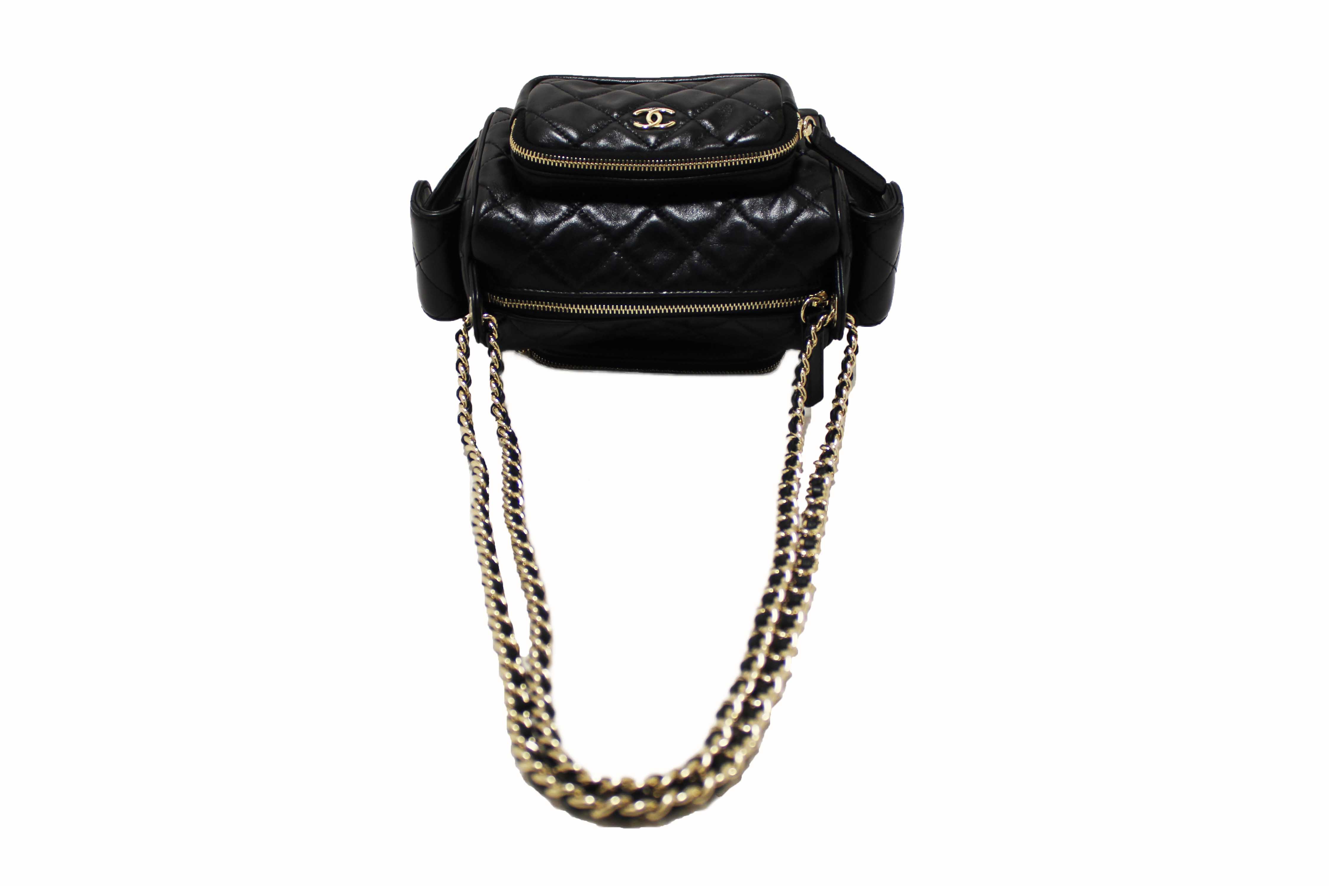 Authentic Chanel Black Shiny Crumpled Lambskin Quilted Small Preppy Pocket Camera Case Bag