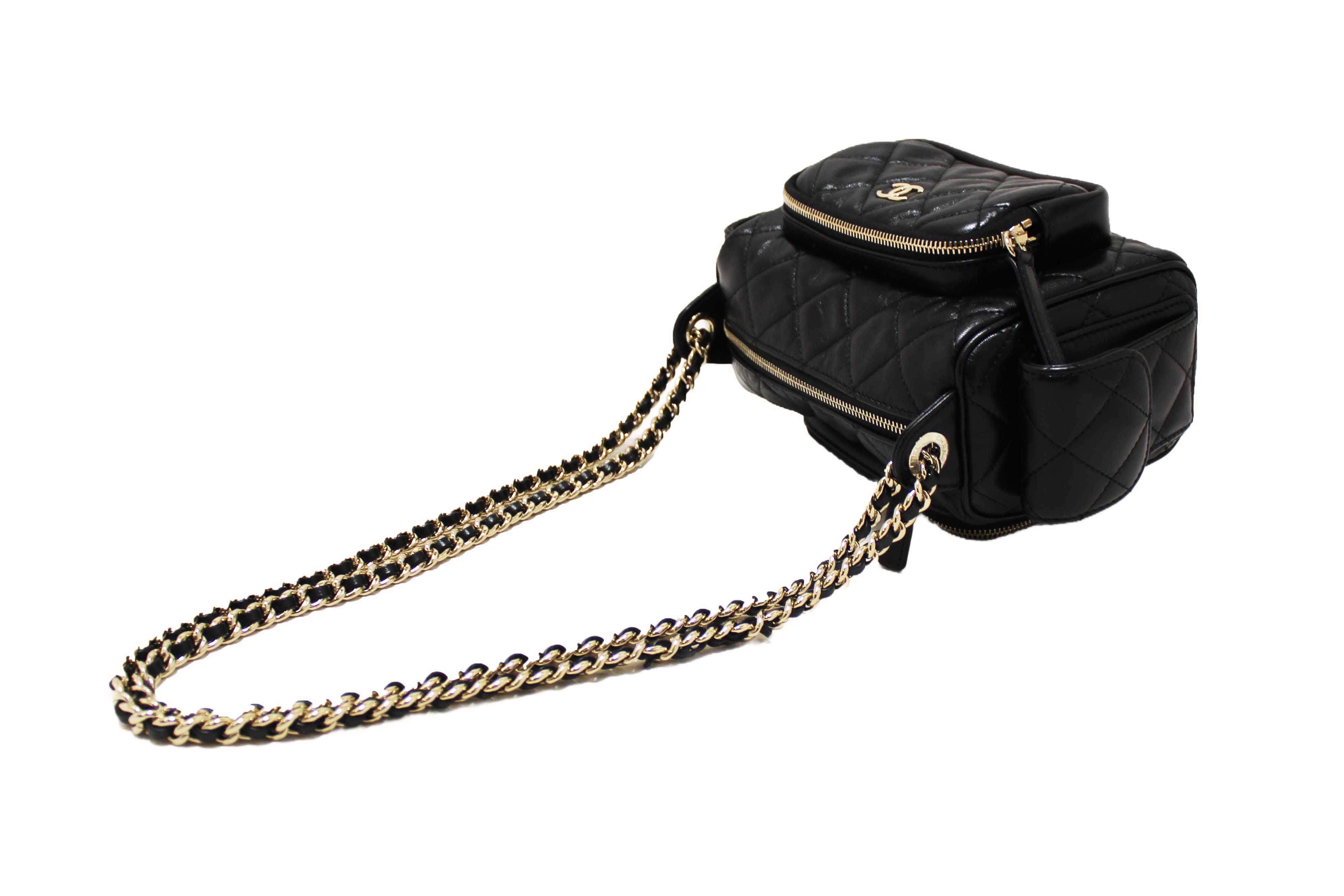 Authentic Chanel Black Shiny Crumpled Lambskin Quilted Small Preppy Pocket Camera Case Bag
