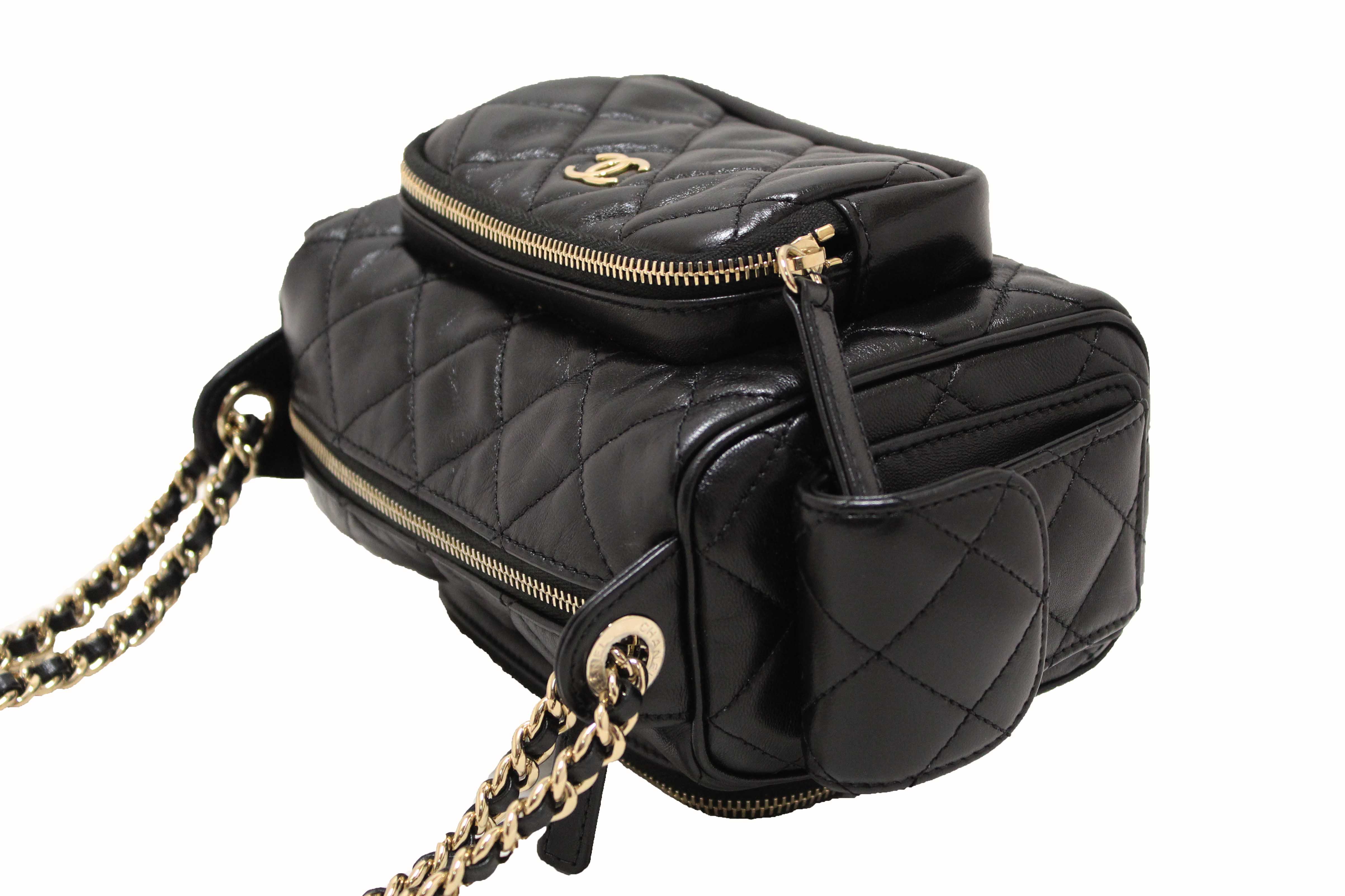 Authentic Chanel Black Shiny Crumpled Lambskin Quilted Small Preppy Pocket Camera Case Bag