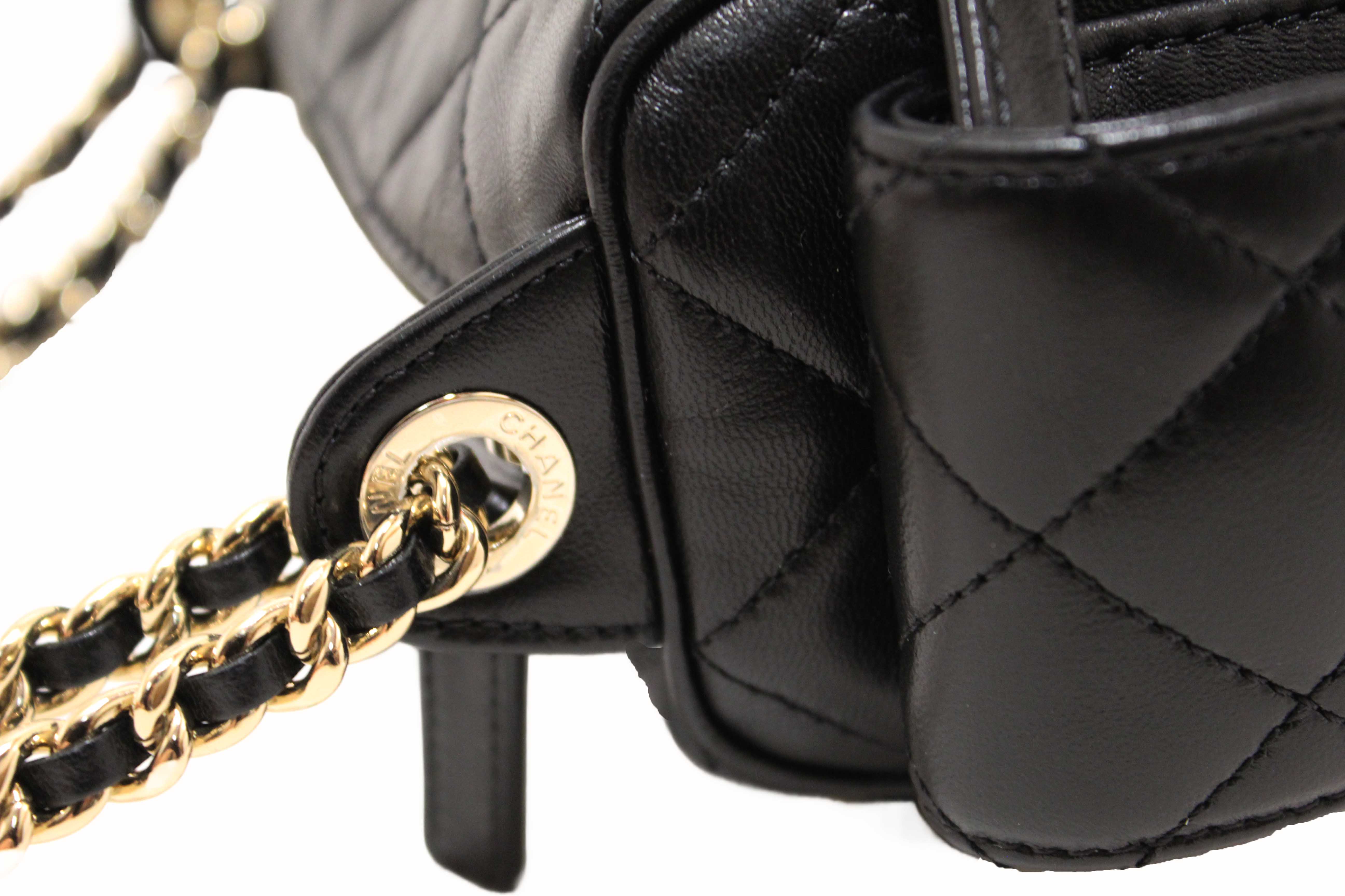 Authentic Chanel Black Shiny Crumpled Lambskin Quilted Small Preppy Pocket Camera Case Bag