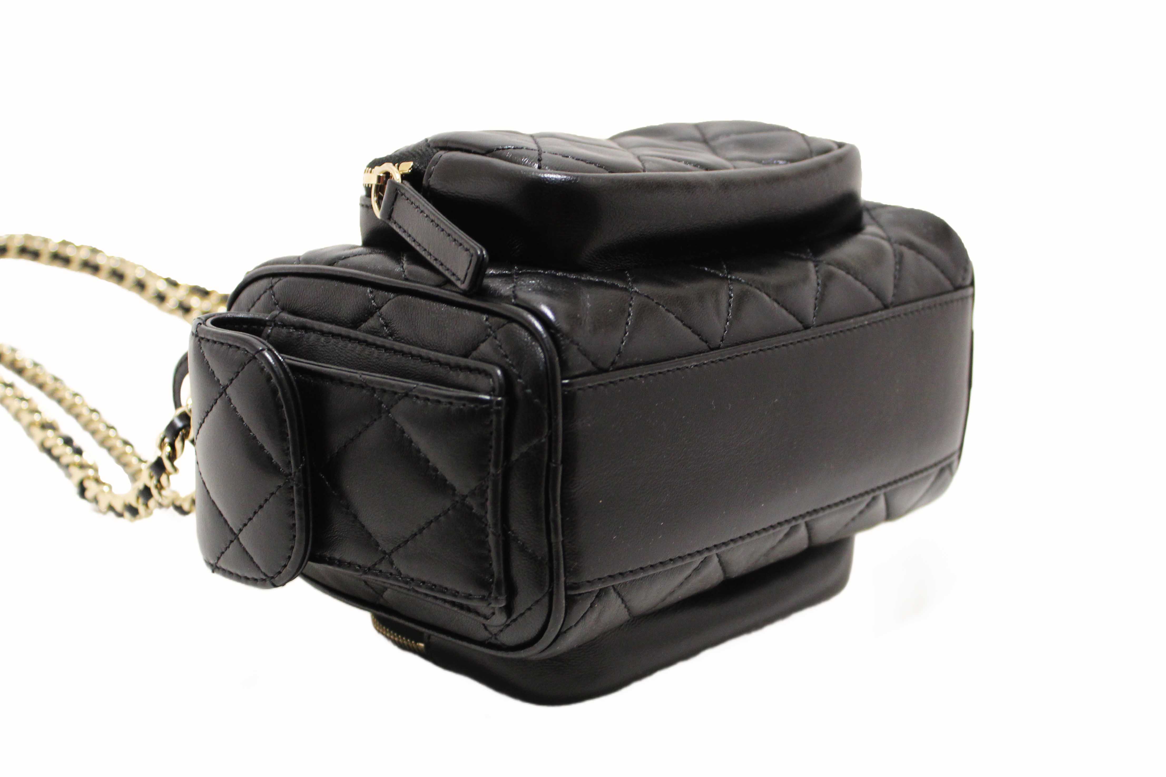 Authentic Chanel Black Shiny Crumpled Lambskin Quilted Small Preppy Pocket Camera Case Bag
