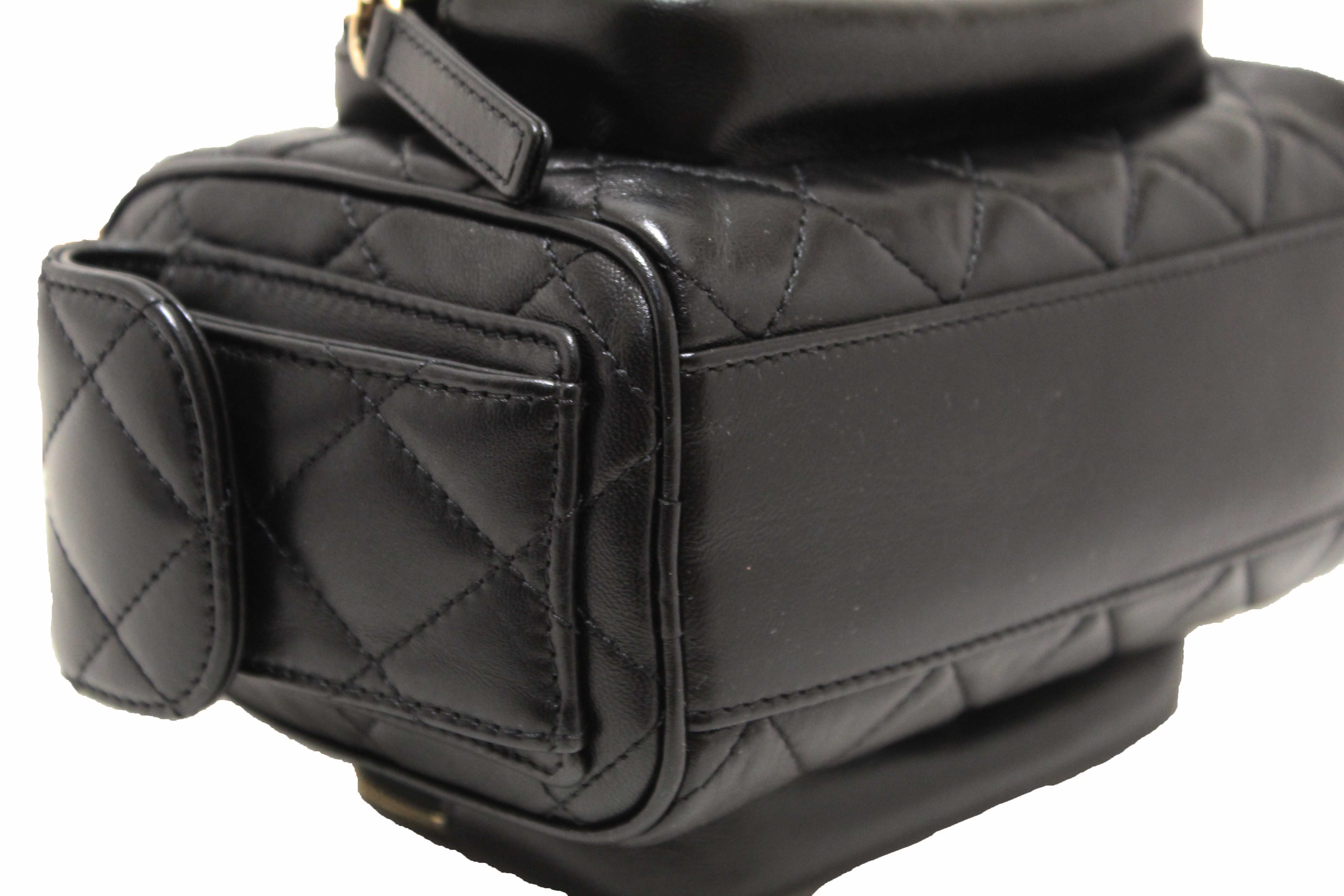 Authentic Chanel Black Shiny Crumpled Lambskin Quilted Small Preppy Pocket Camera Case Bag
