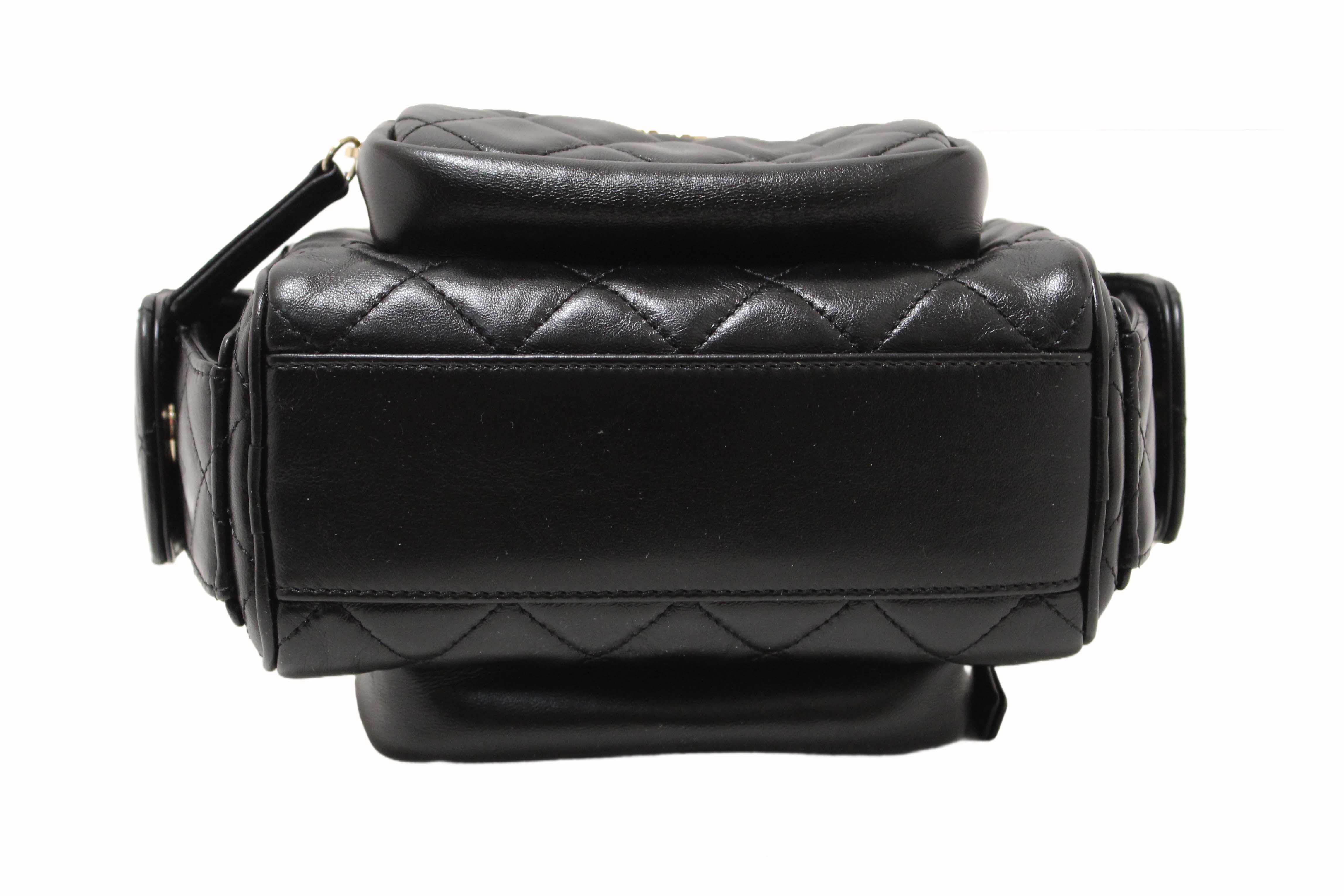 Authentic Chanel Black Shiny Crumpled Lambskin Quilted Small Preppy Pocket Camera Case Bag
