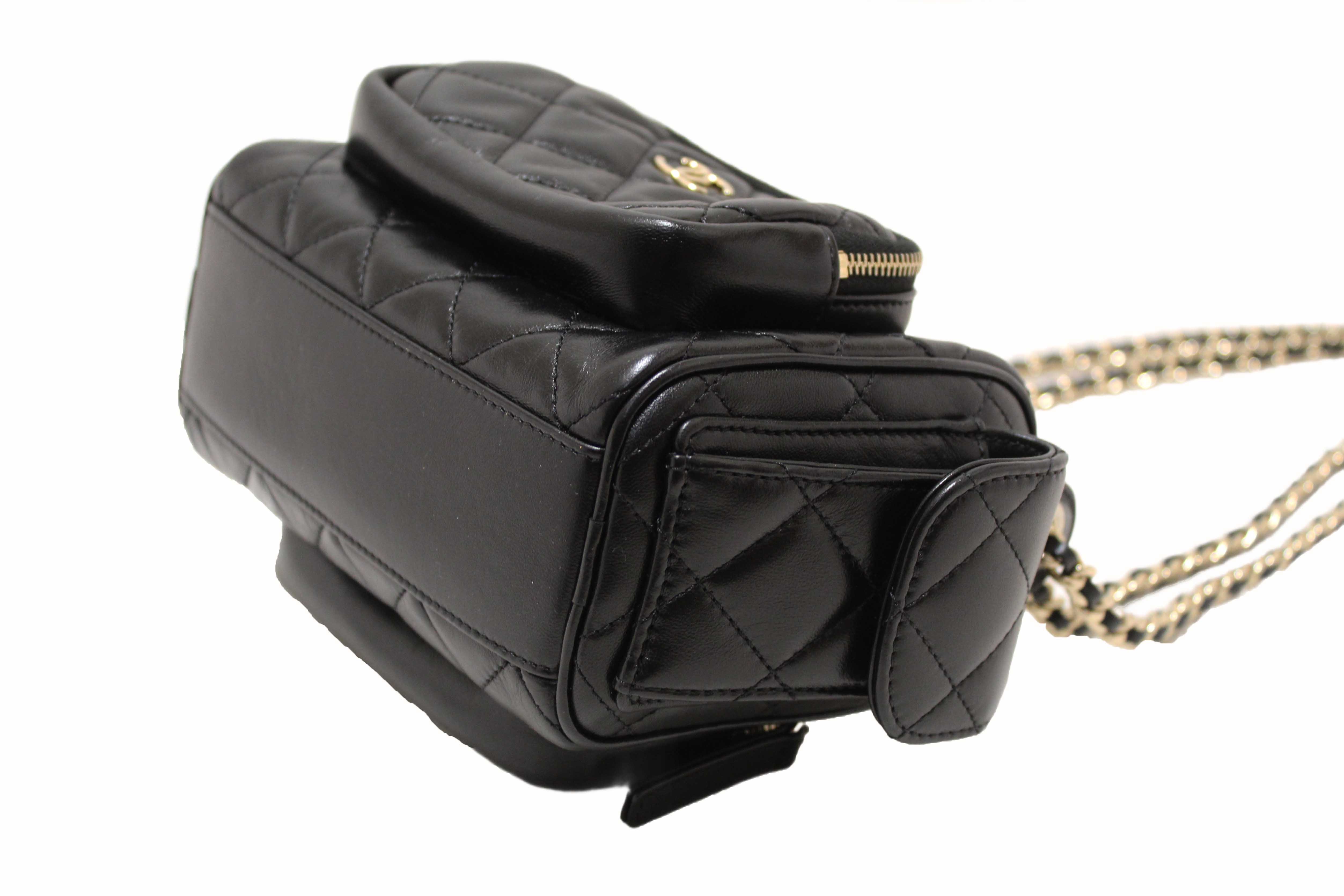 Authentic Chanel Black Shiny Crumpled Lambskin Quilted Small Preppy Pocket Camera Case Bag