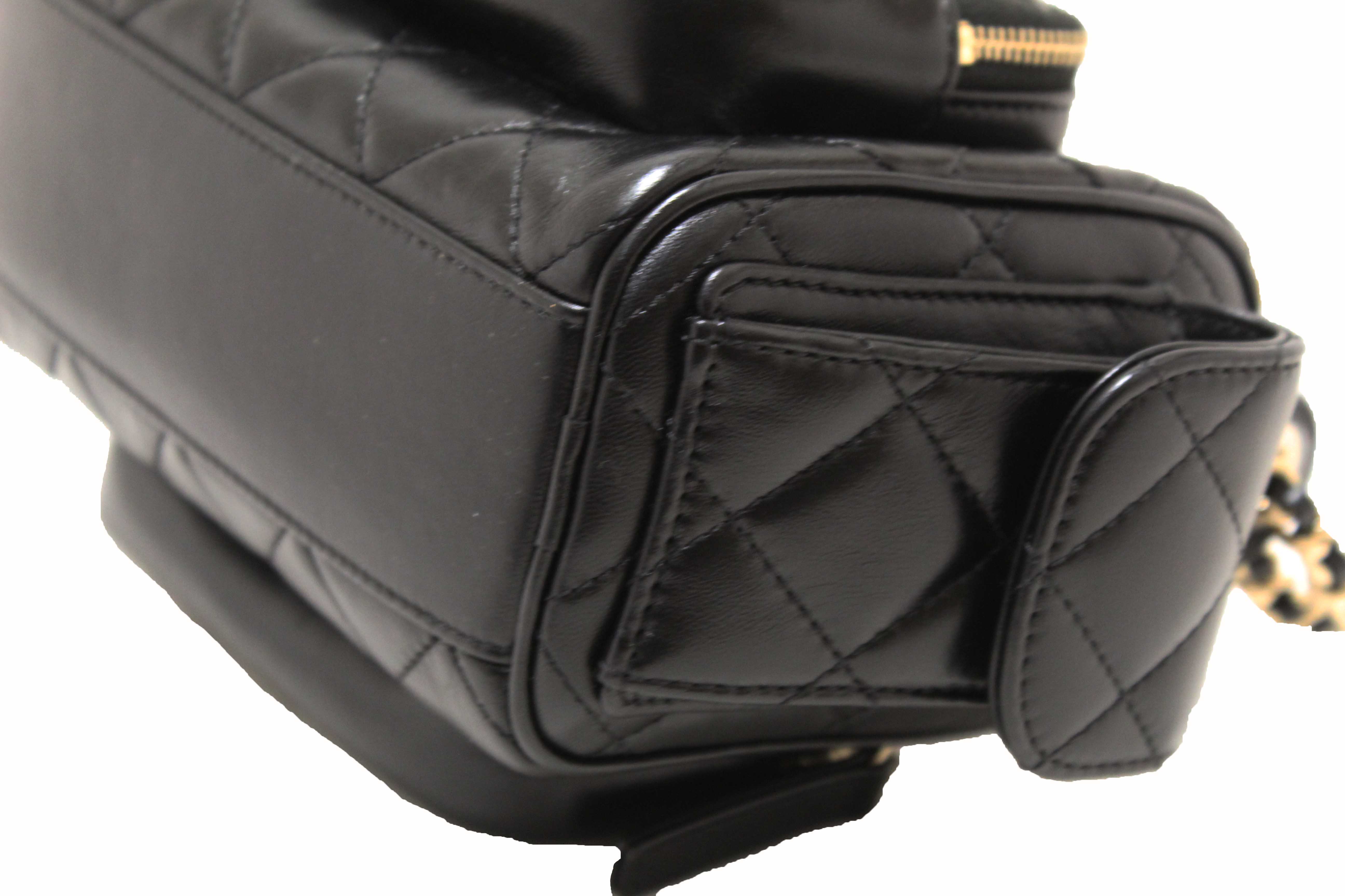 Authentic Chanel Black Shiny Crumpled Lambskin Quilted Small Preppy Pocket Camera Case Bag