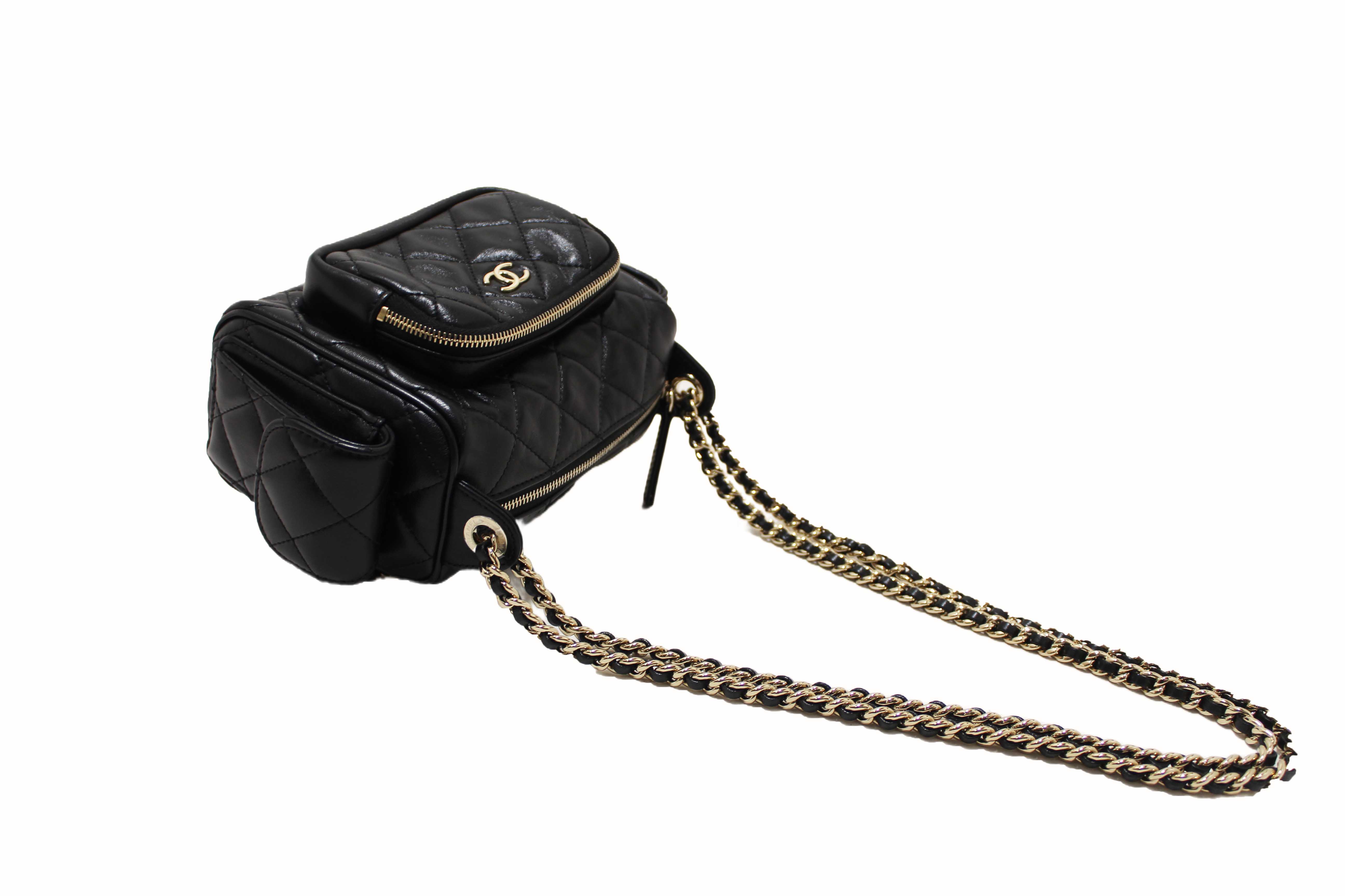 Authentic Chanel Black Shiny Crumpled Lambskin Quilted Small Preppy Pocket Camera Case Bag