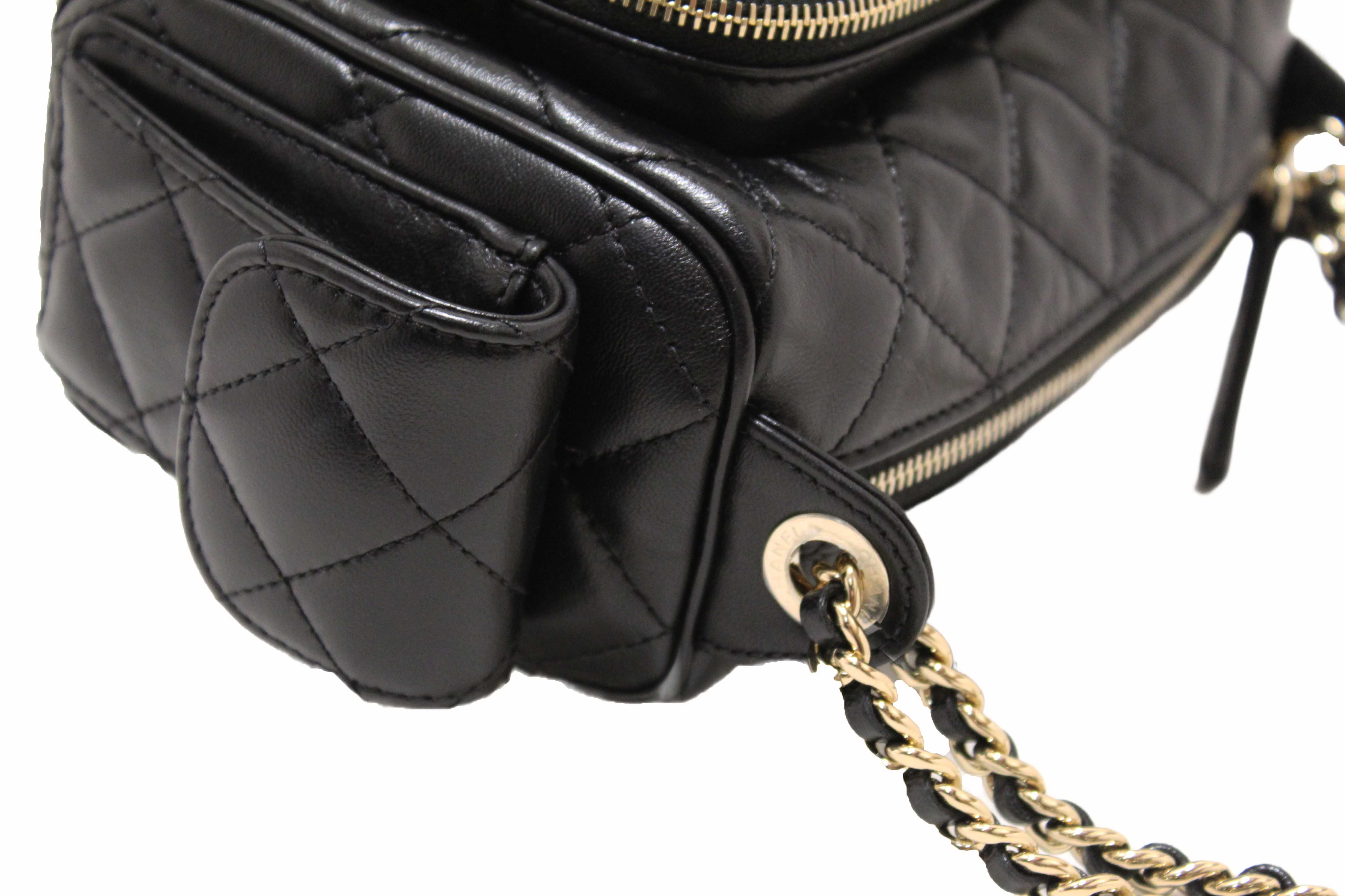 Authentic Chanel Black Shiny Crumpled Lambskin Quilted Small Preppy Pocket Camera Case Bag