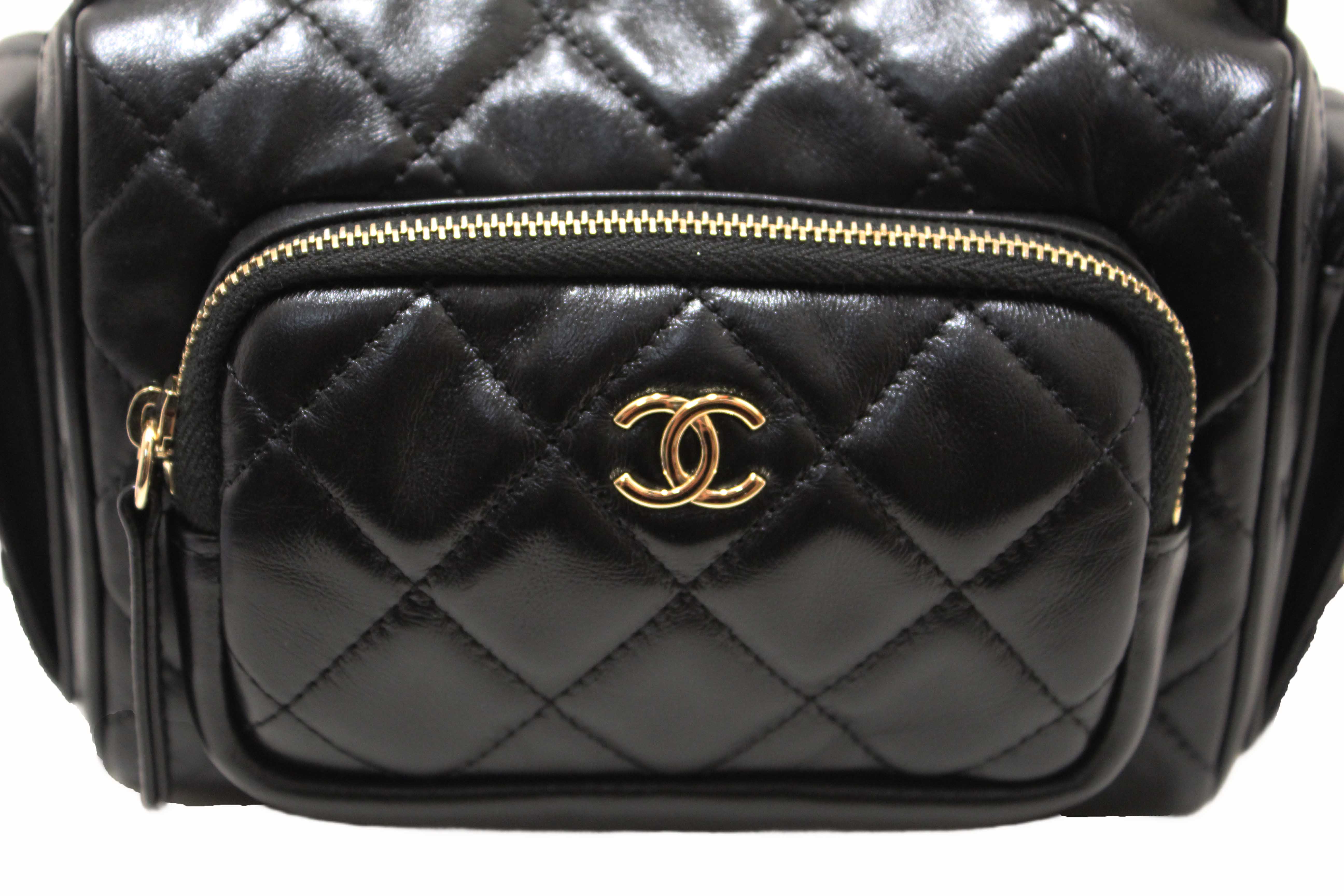 Authentic Chanel Black Shiny Crumpled Lambskin Quilted Small Preppy Pocket Camera Case Bag