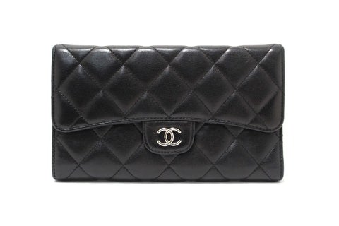 Authentic Chanel Black Quilted Lambskin Leather Trifold Flap Wallet