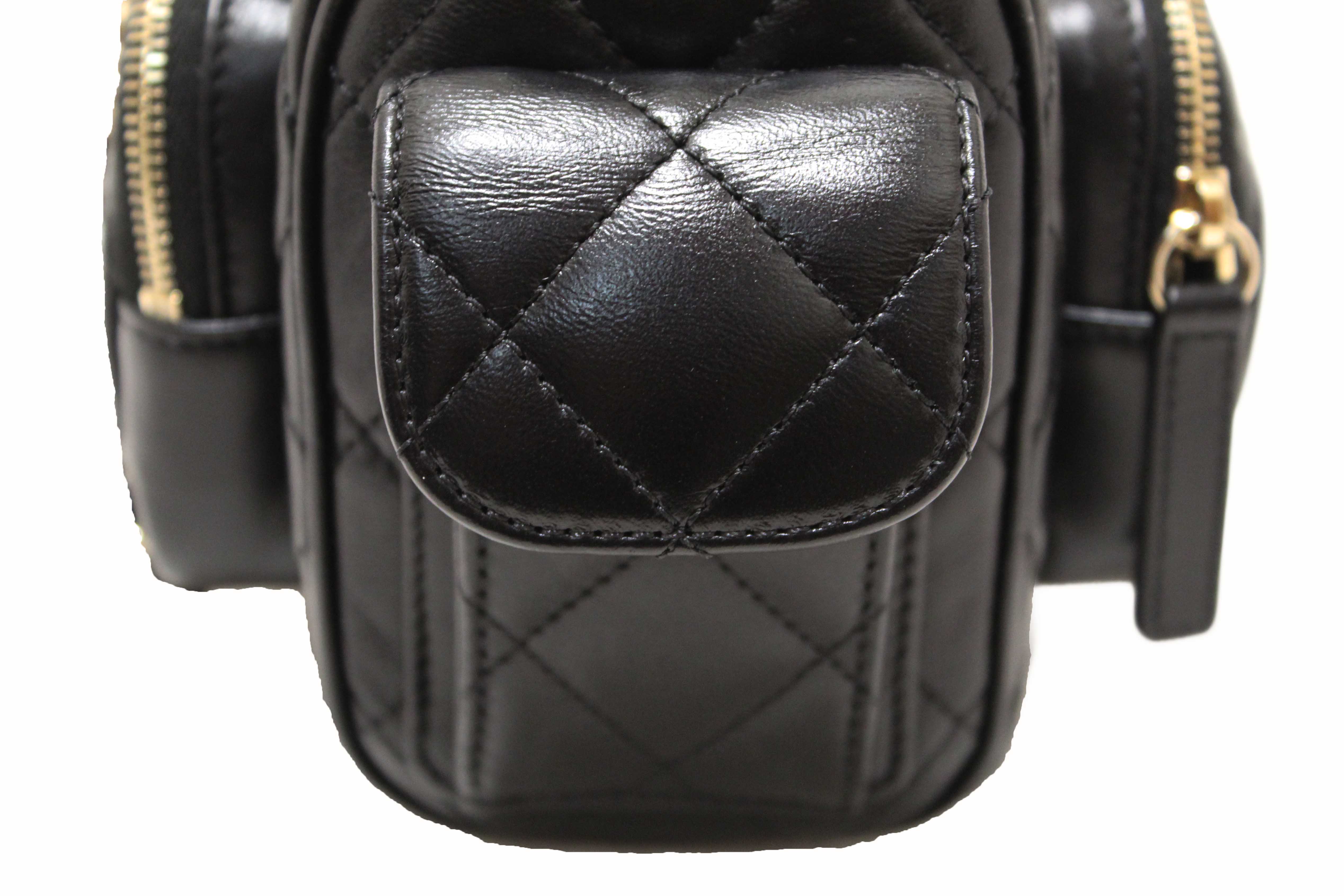 Authentic Chanel Black Shiny Crumpled Lambskin Quilted Small Preppy Pocket Camera Case Bag