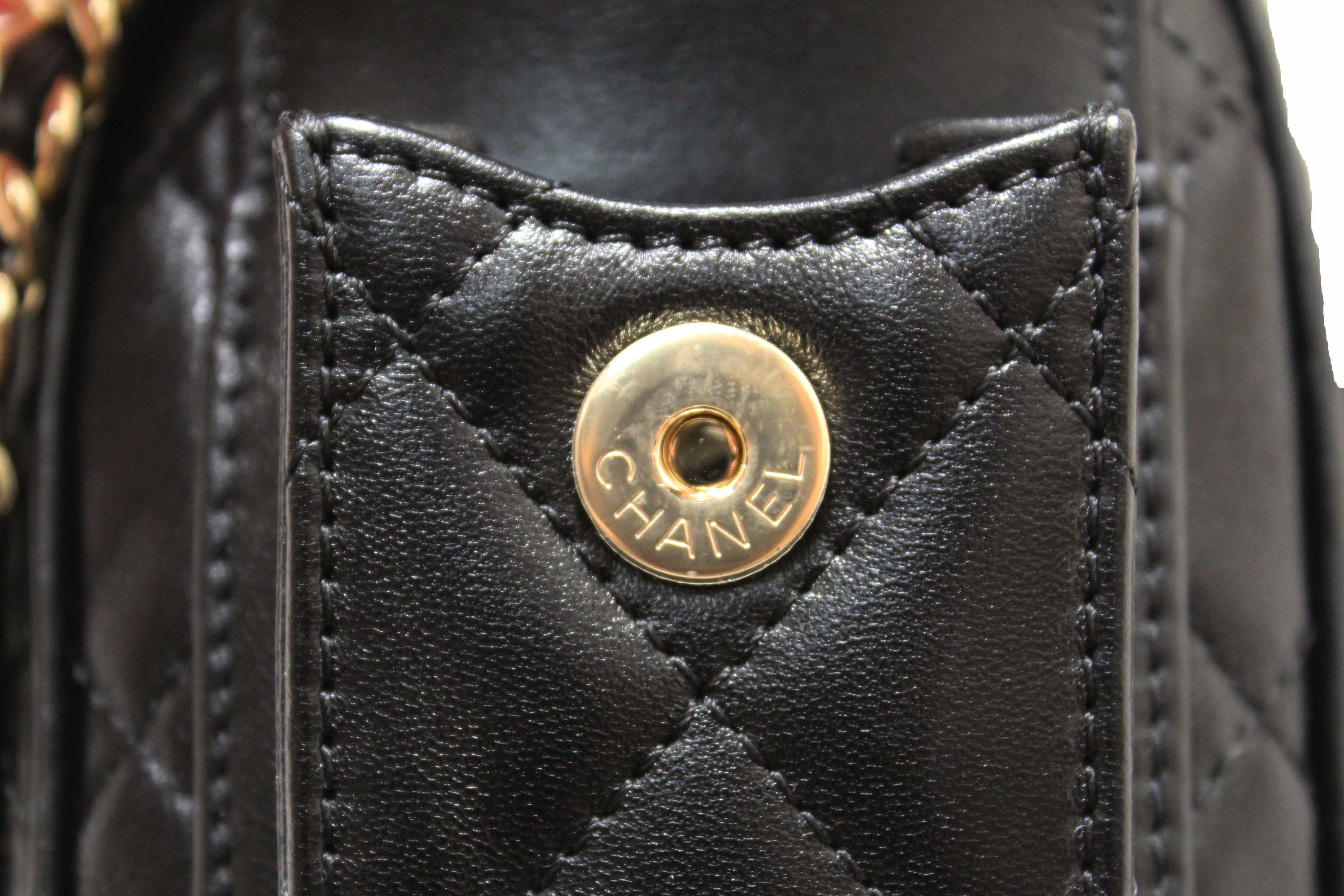 Authentic Chanel Black Shiny Crumpled Lambskin Quilted Small Preppy Pocket Camera Case Bag