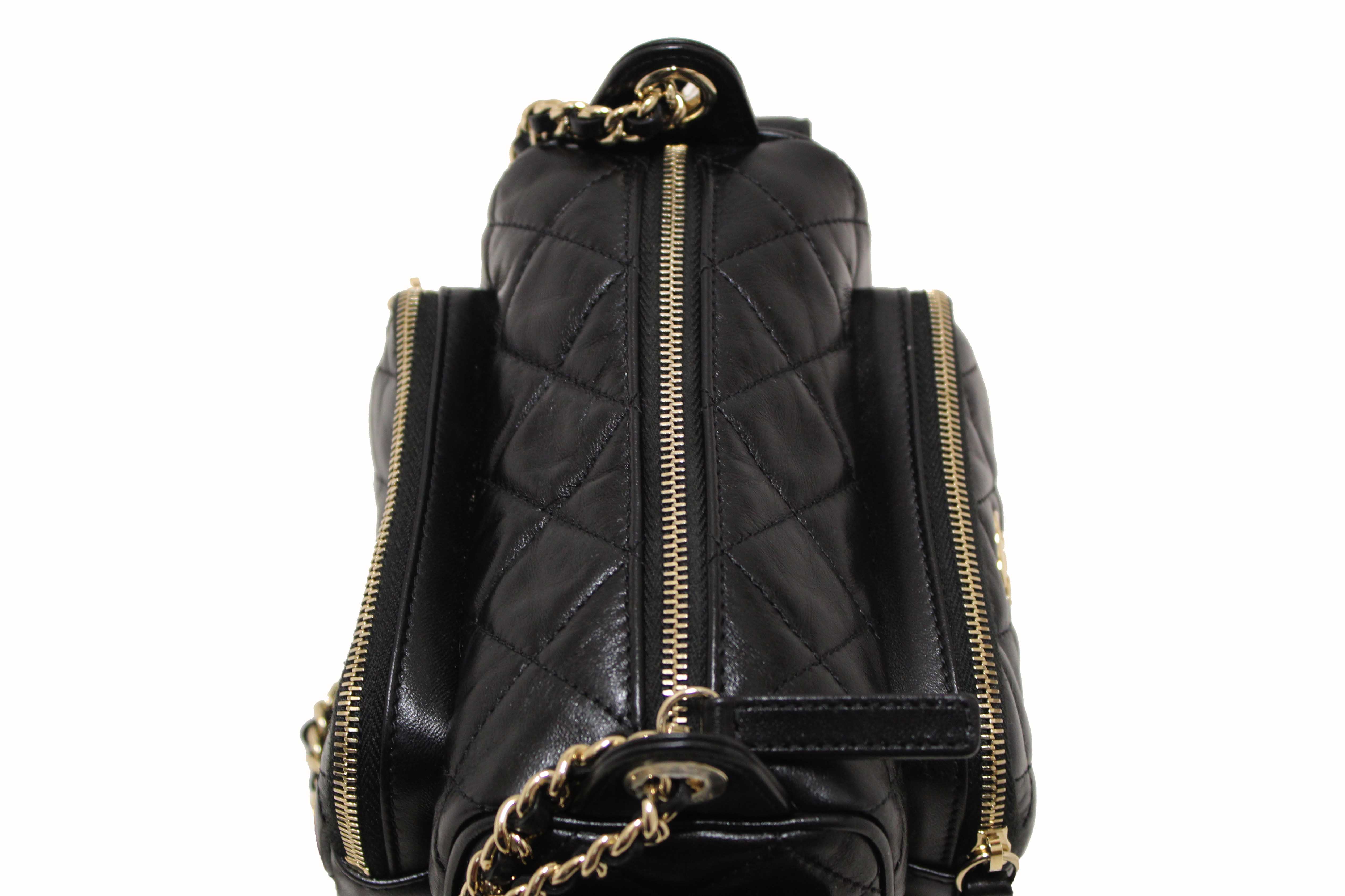 Authentic Chanel Black Shiny Crumpled Lambskin Quilted Small Preppy Pocket Camera Case Bag