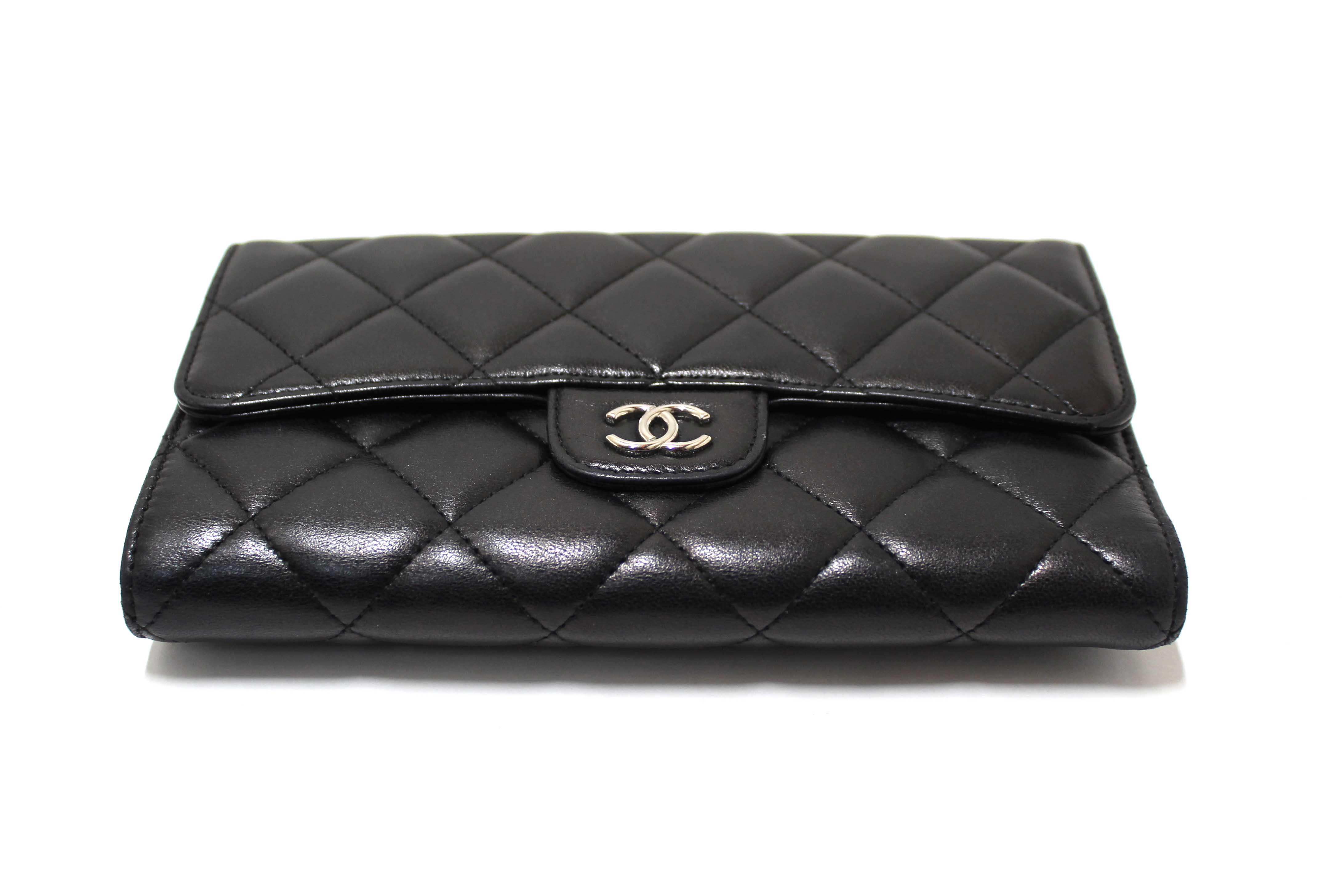 Authentic Chanel Black Quilted Lambskin Leather Trifold Flap Wallet