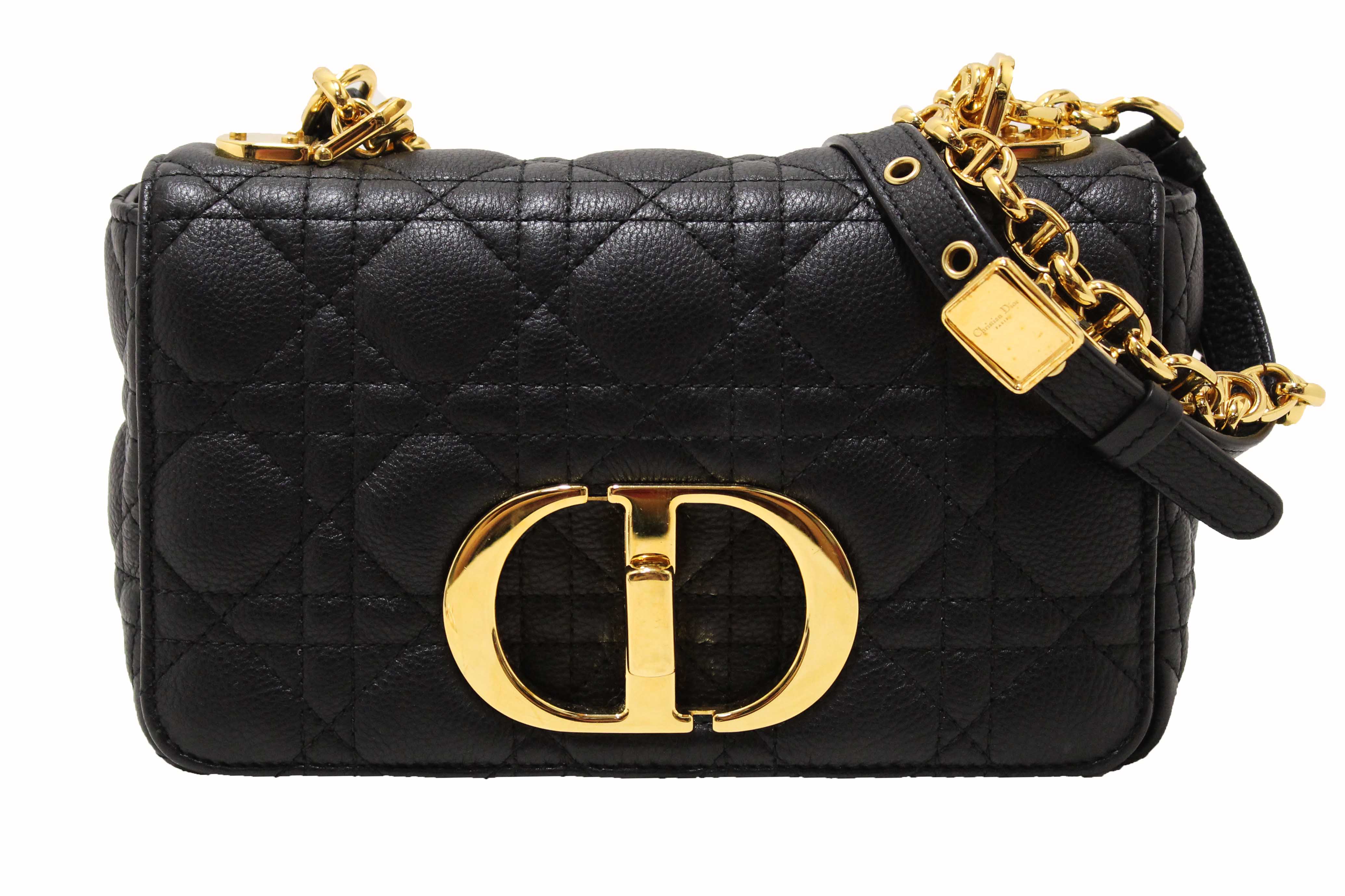 Authentic Christian Dior Black Macrocannage Caviar Leather Small Caro Shoulder Crossbody Bag