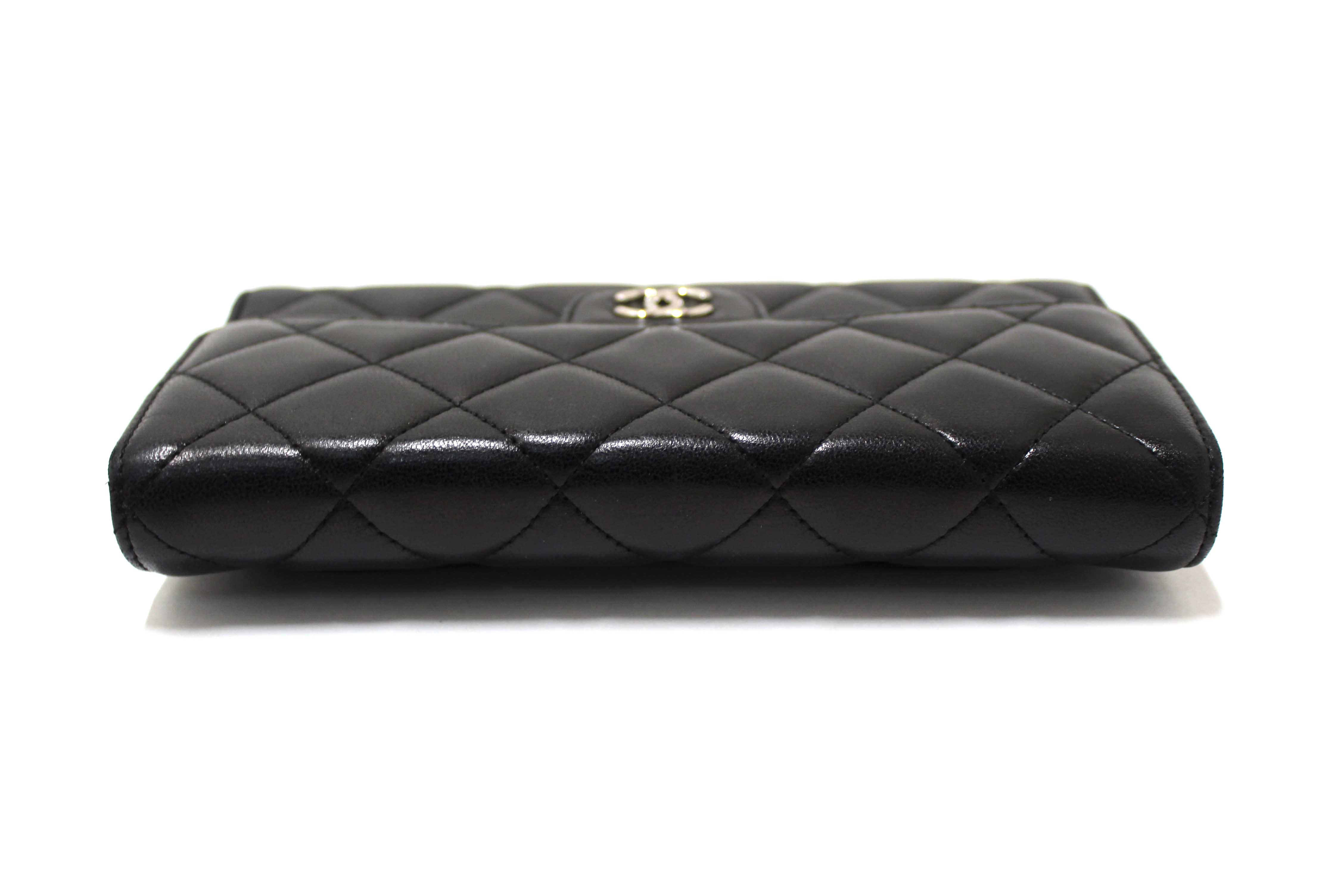 Authentic Chanel Black Quilted Lambskin Leather Trifold Flap Wallet