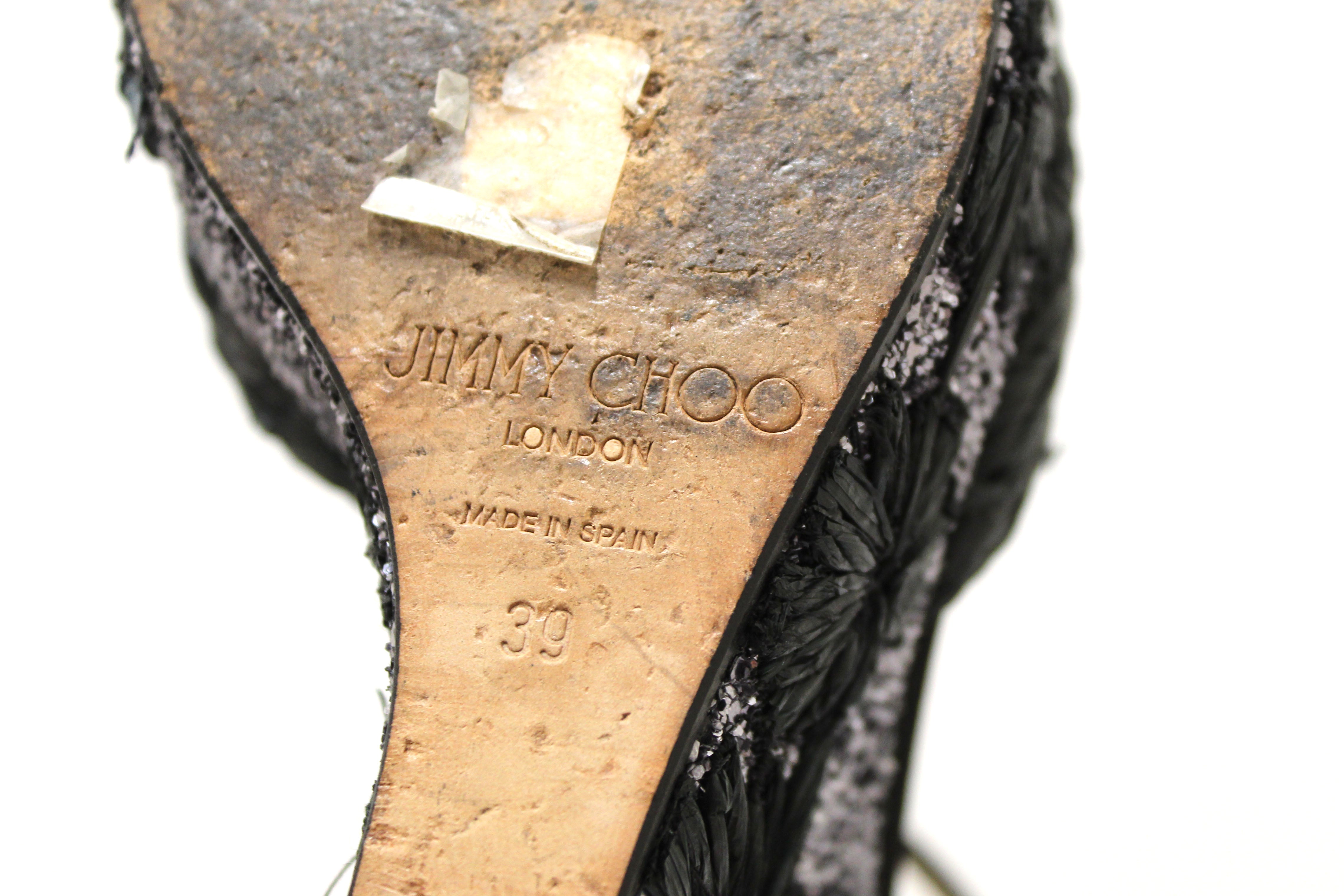 Authentic Jimmy Choo Black Raffia with Raffia Embroidered Glitter Wedge Size 39