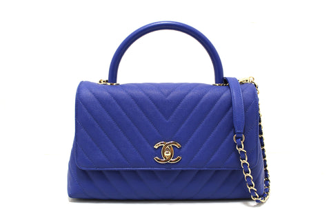 Authentic Chanel Blue Chevron Caviar Leather Medium CoCo Handle Flap Bag
