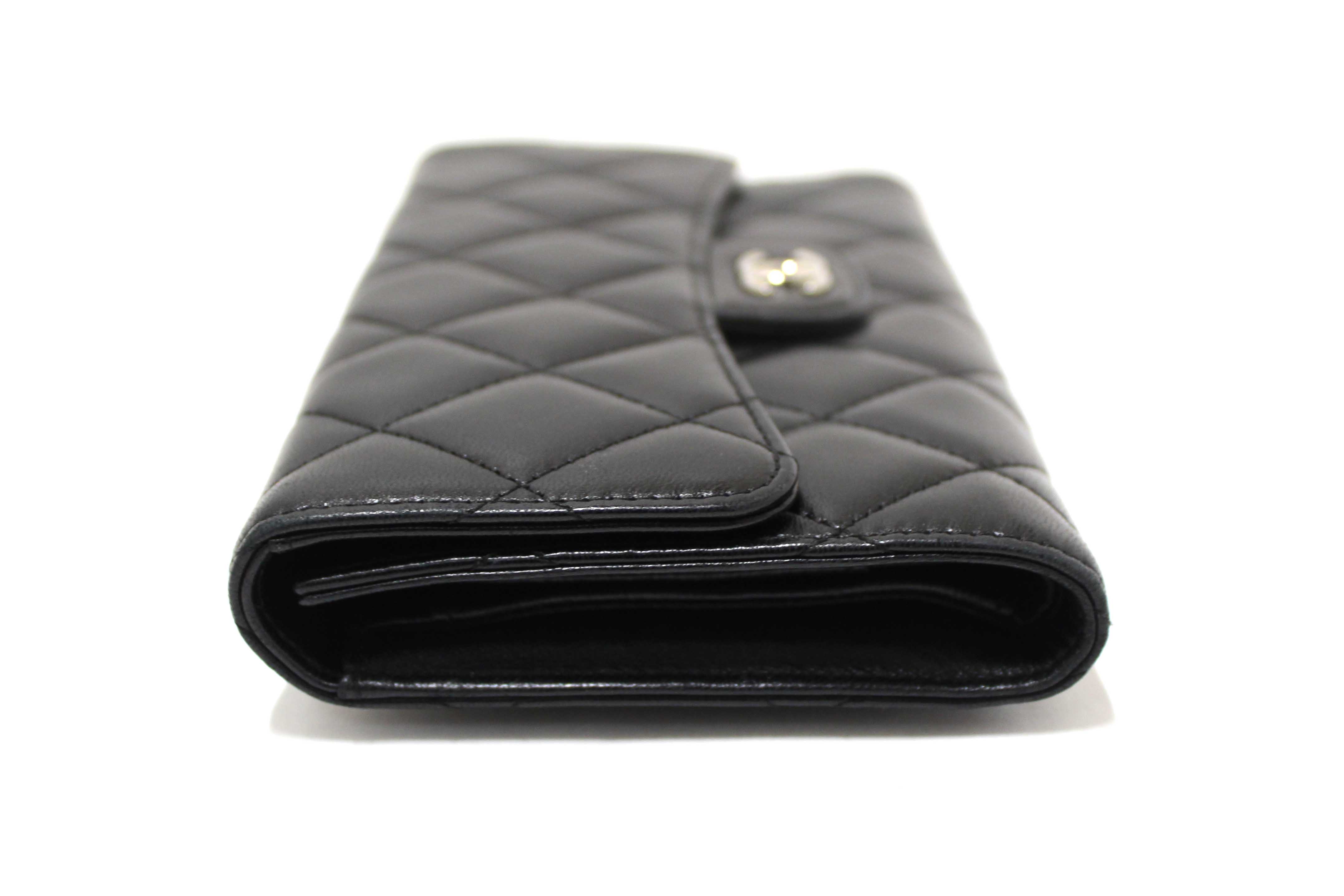 Authentic Chanel Black Quilted Lambskin Leather Trifold Flap Wallet