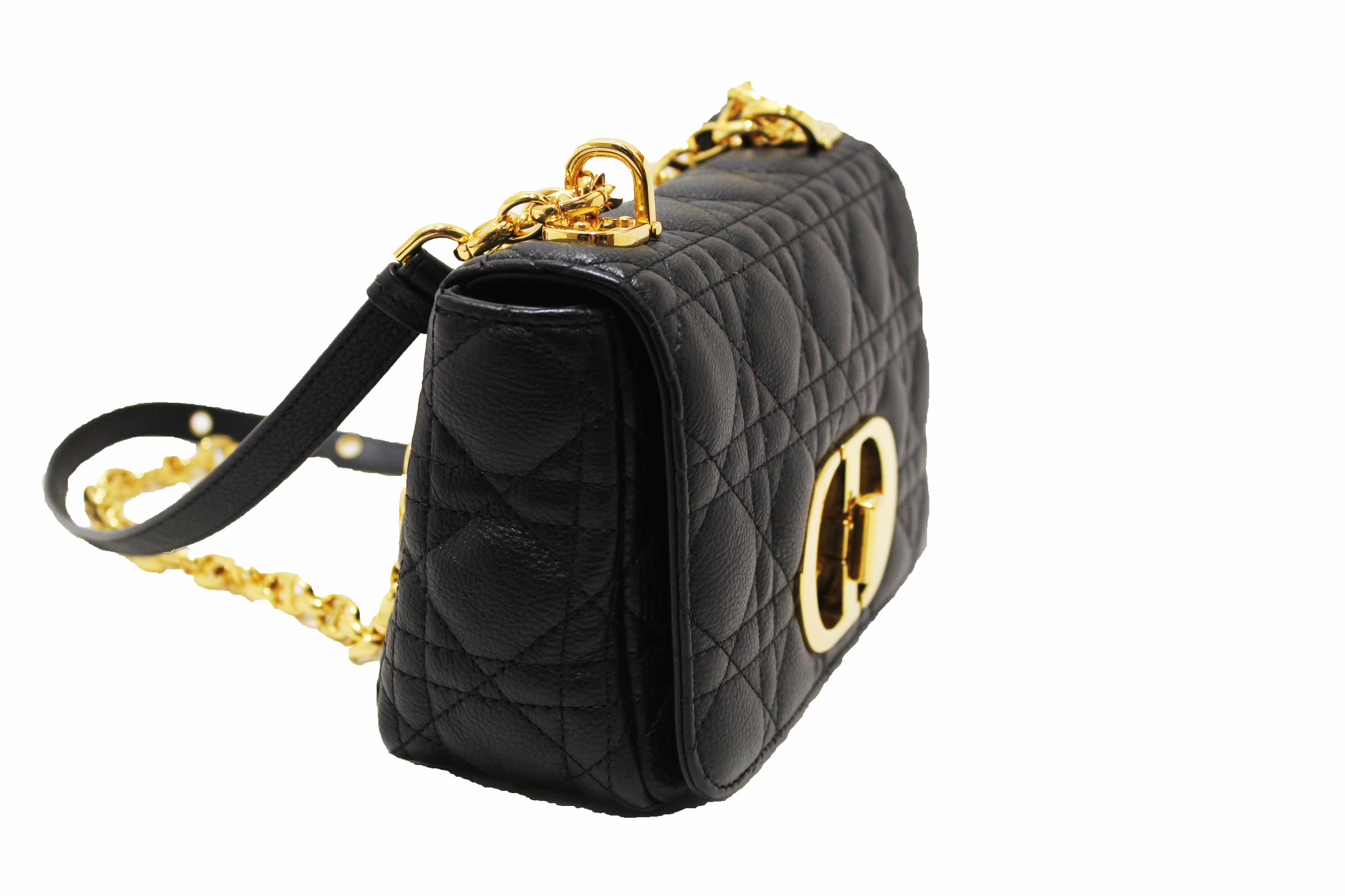 Authentic Christian Dior Black Macrocannage Caviar Leather Small Caro Shoulder Crossbody Bag