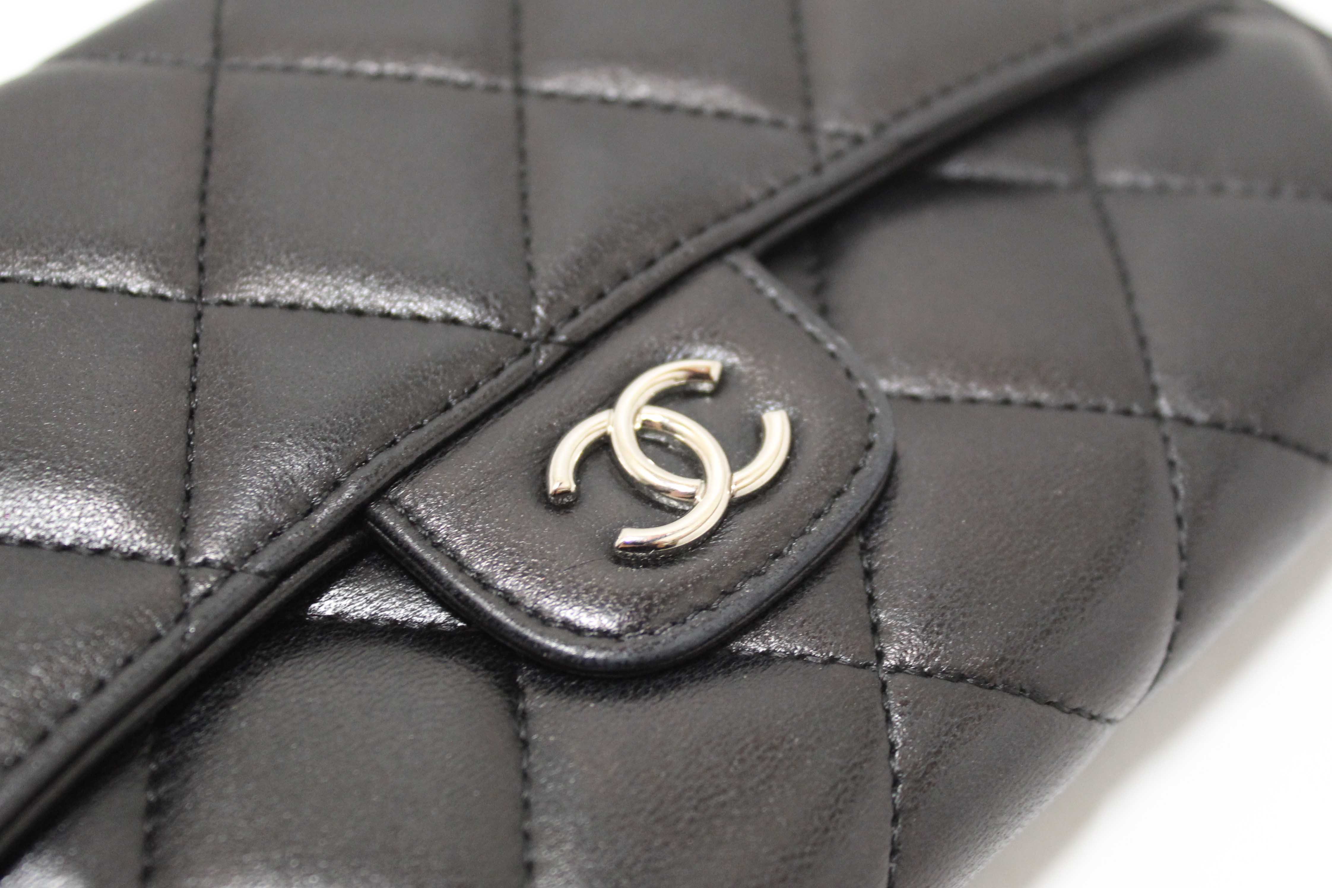 Authentic Chanel Black Quilted Lambskin Leather Trifold Flap Wallet