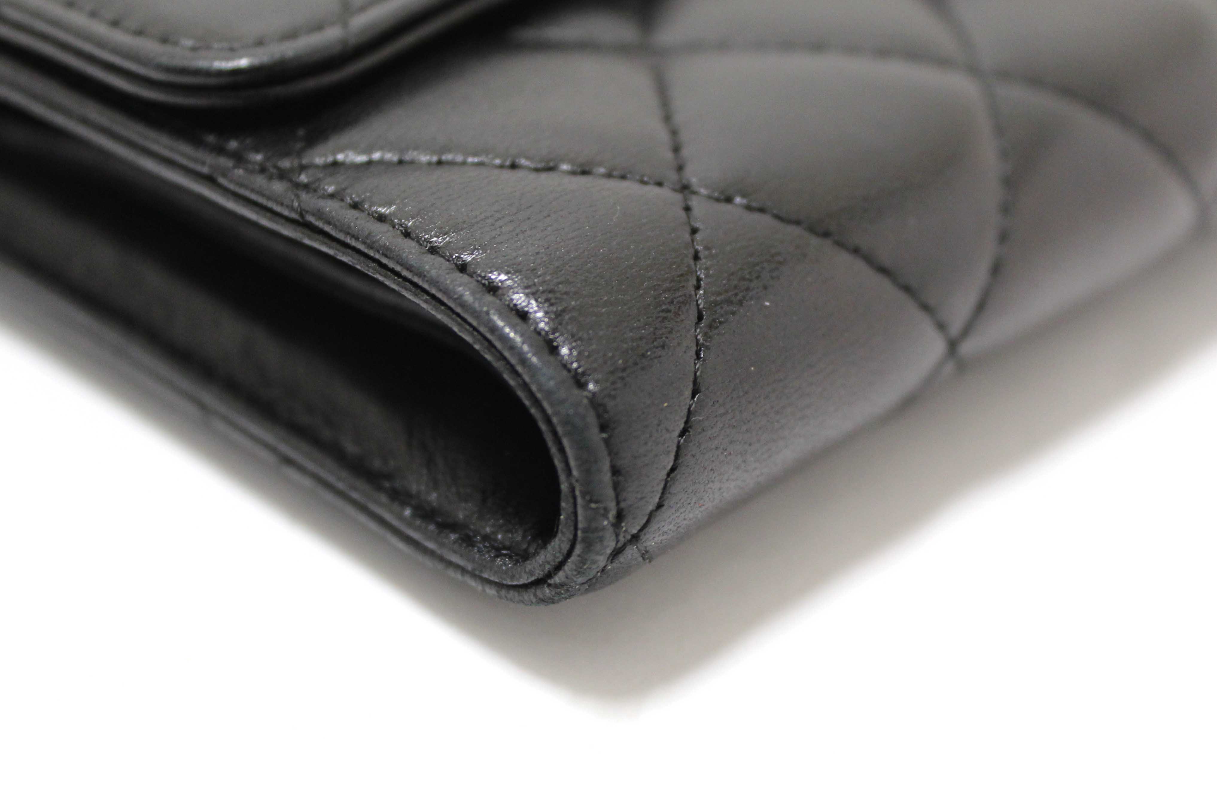 Authentic Chanel Black Quilted Lambskin Leather Trifold Flap Wallet