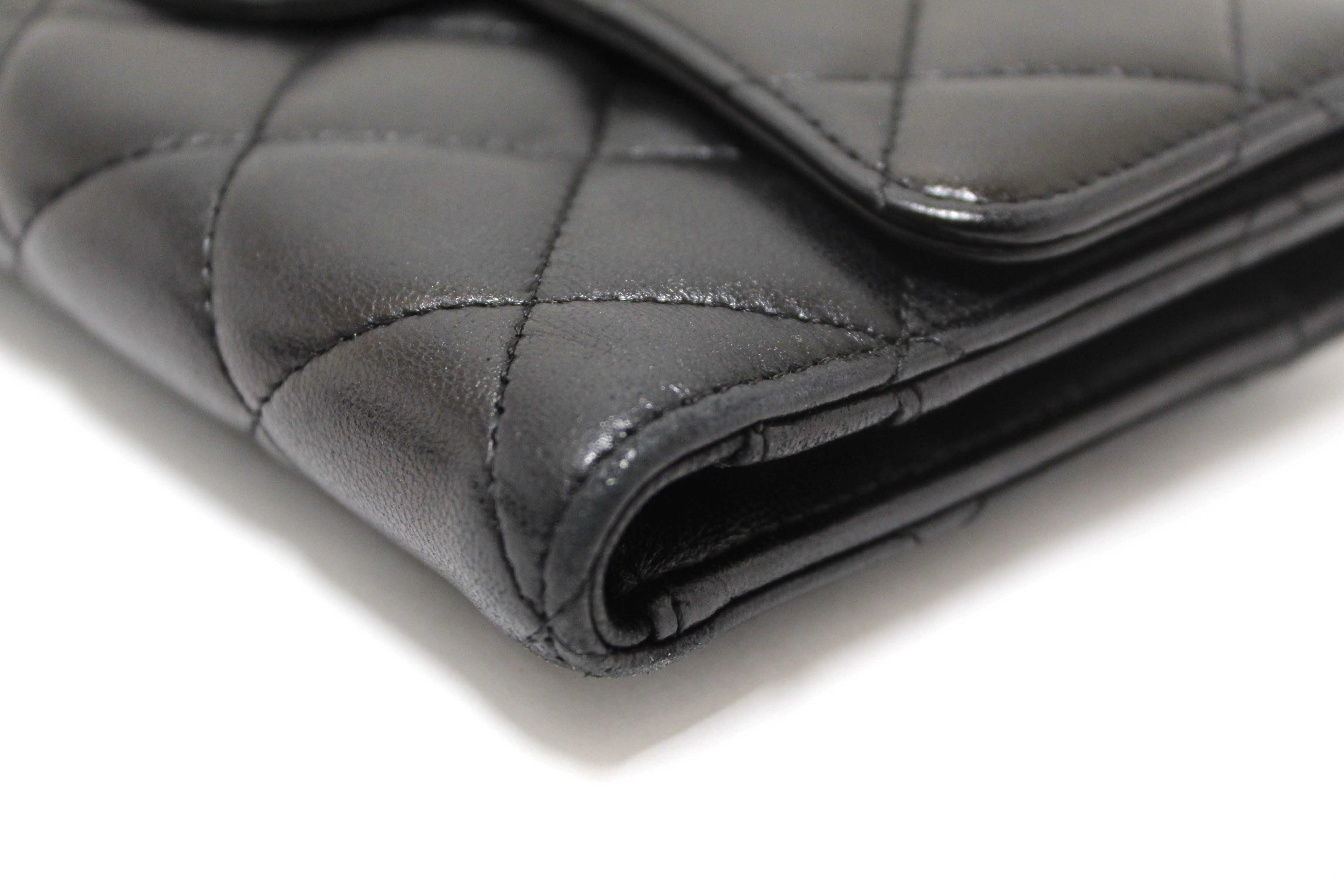 Authentic Chanel Black Quilted Lambskin Leather Trifold Flap Wallet