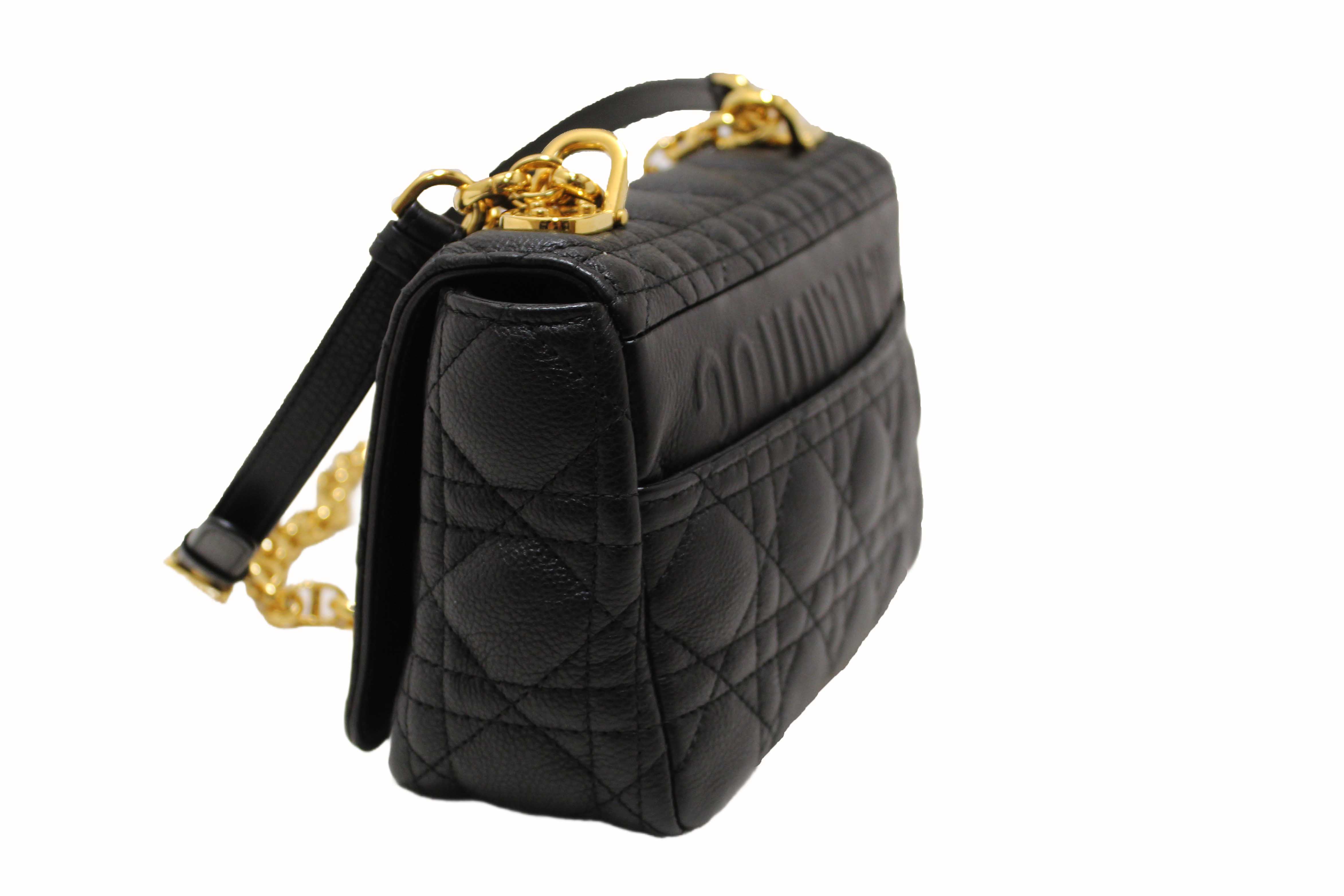 Authentic Christian Dior Black Macrocannage Caviar Leather Small Caro Shoulder Crossbody Bag