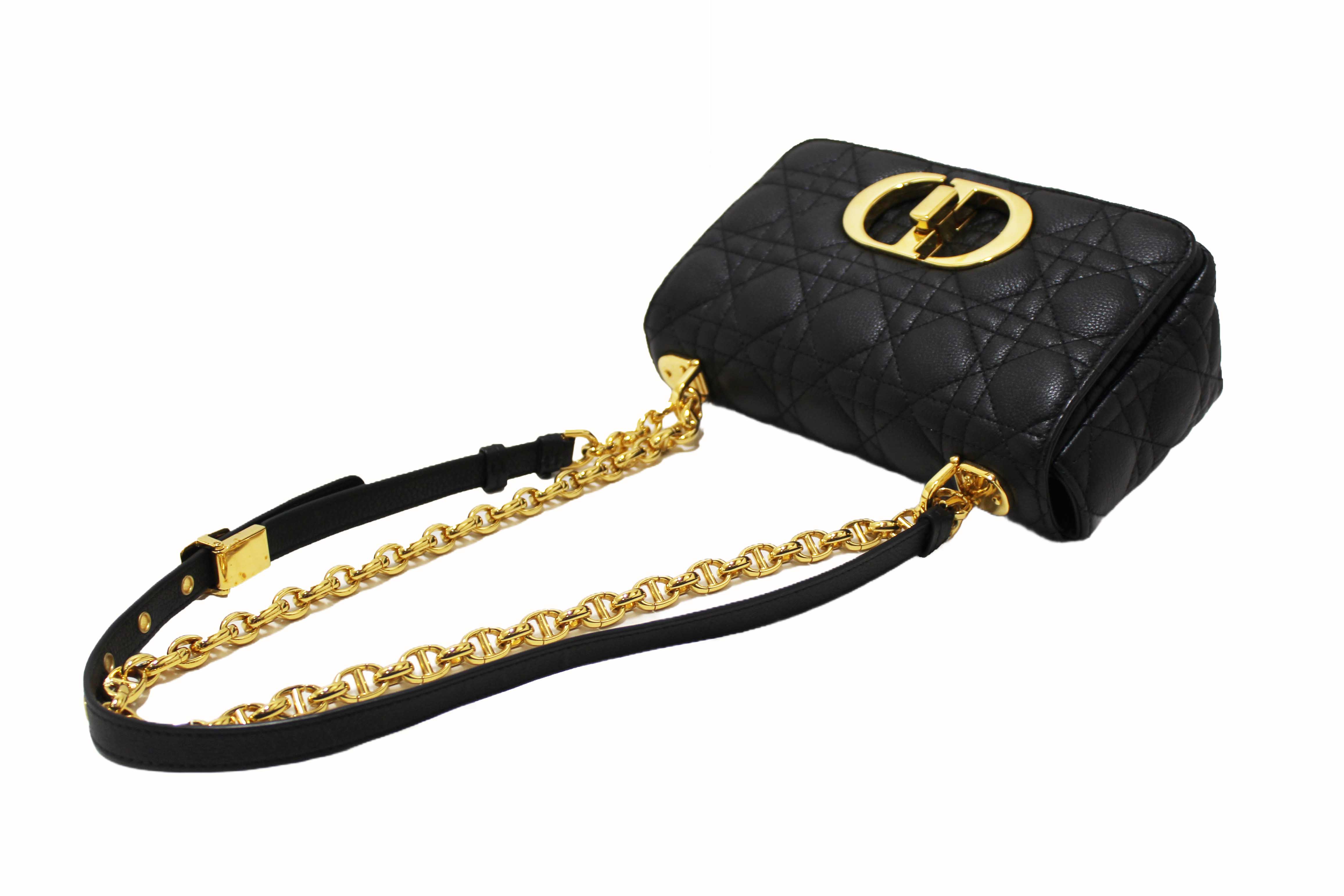 Authentic Christian Dior Black Macrocannage Caviar Leather Small Caro Shoulder Crossbody Bag