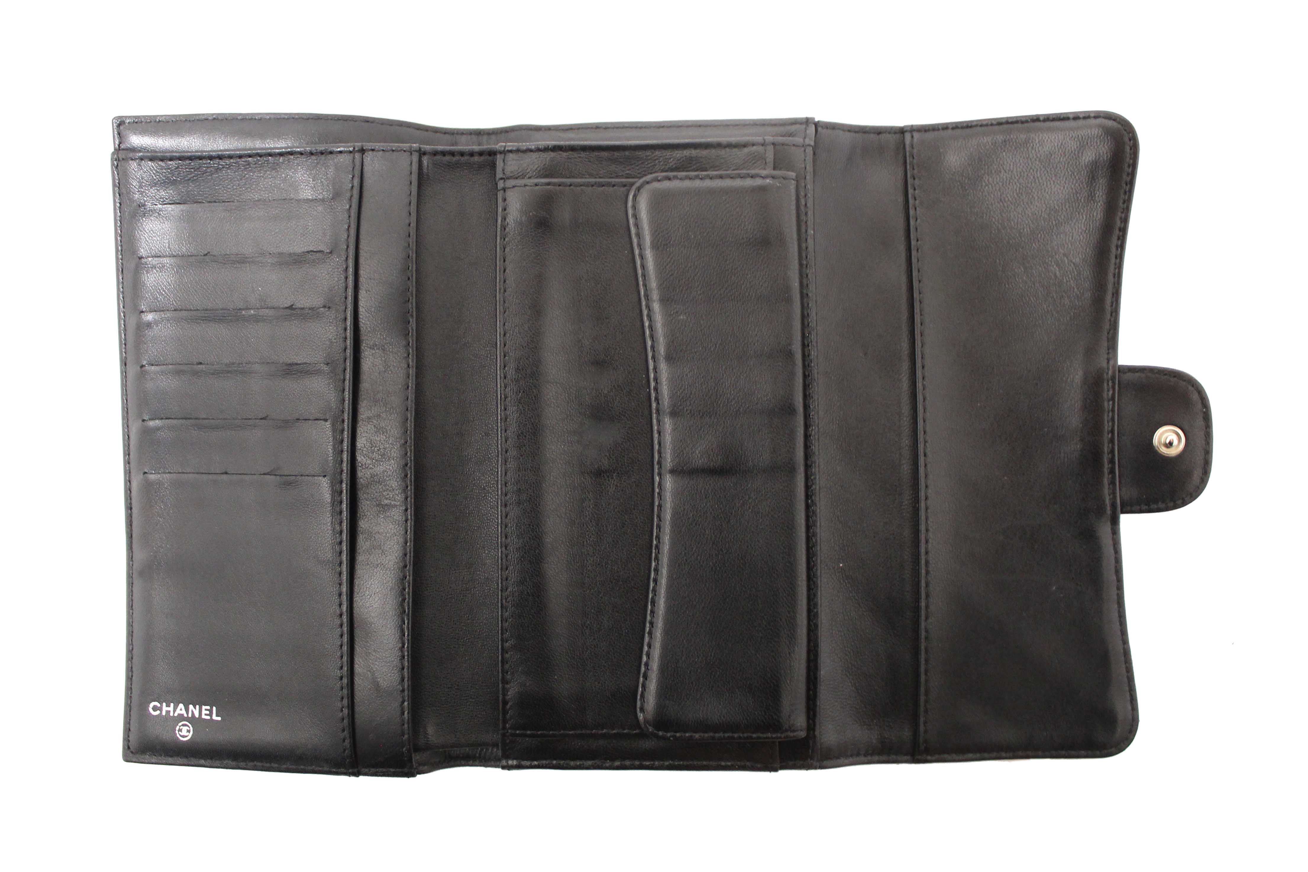 Authentic Chanel Black Quilted Lambskin Leather Trifold Flap Wallet