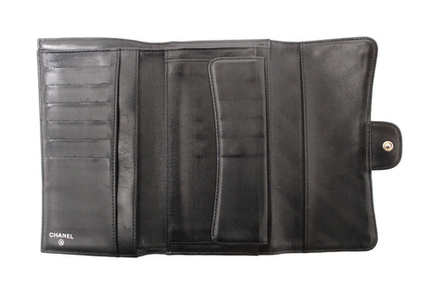 Authentic Chanel Black Quilted Lambskin Leather Trifold Flap Wallet