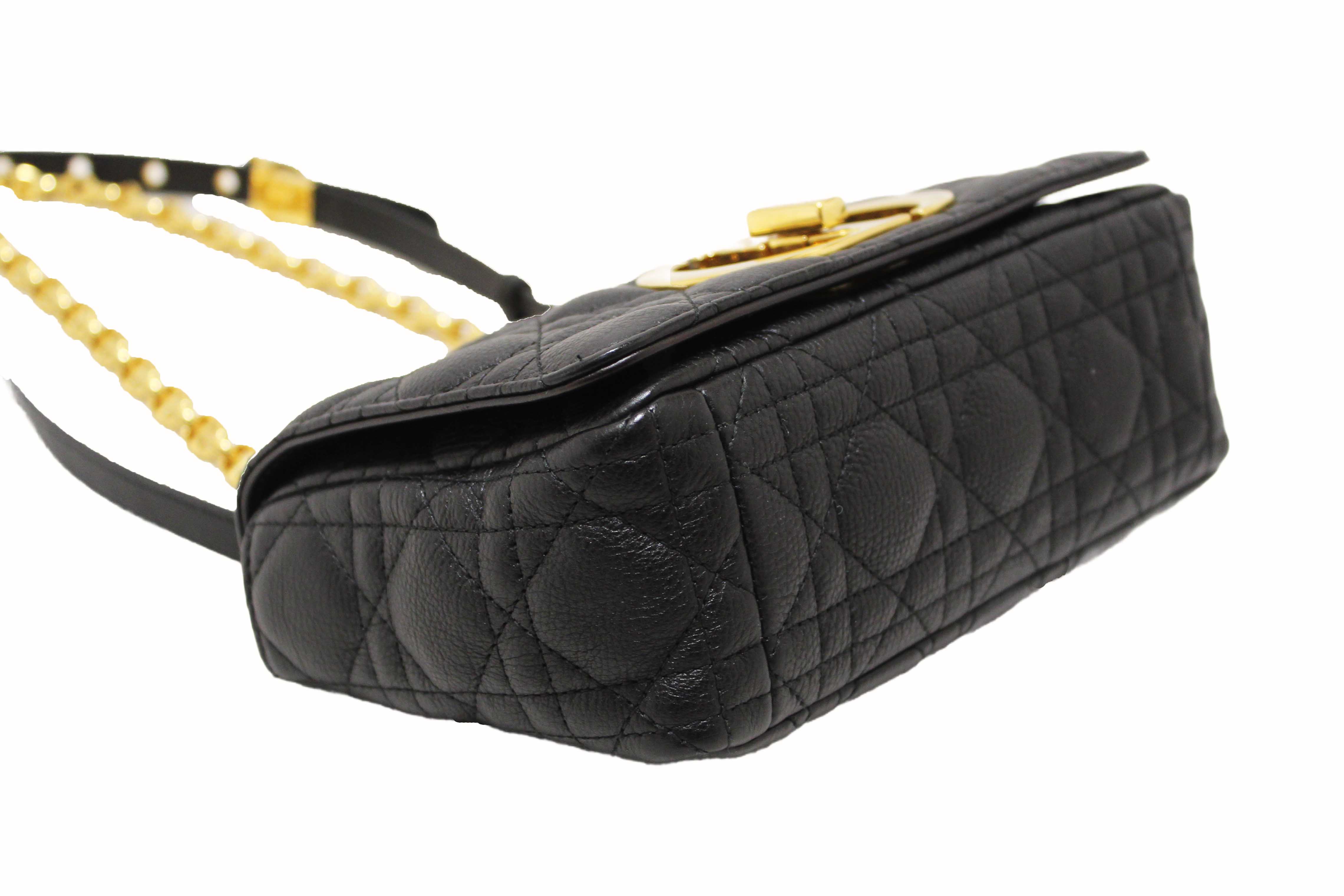Authentic Christian Dior Black Macrocannage Caviar Leather Small Caro Shoulder Crossbody Bag