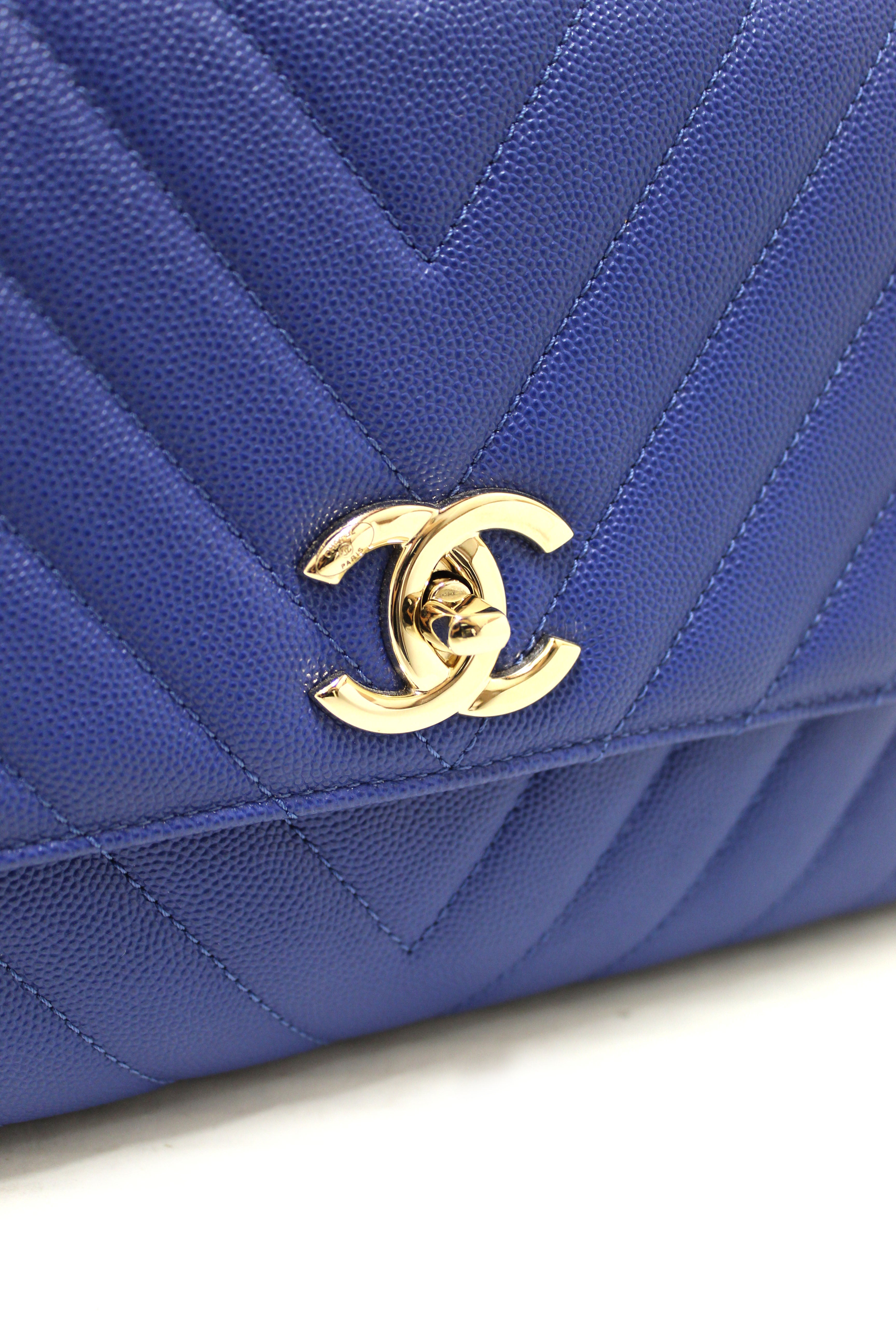 Authentic Chanel Blue Chevron Caviar Leather Medium CoCo Handle Flap Bag