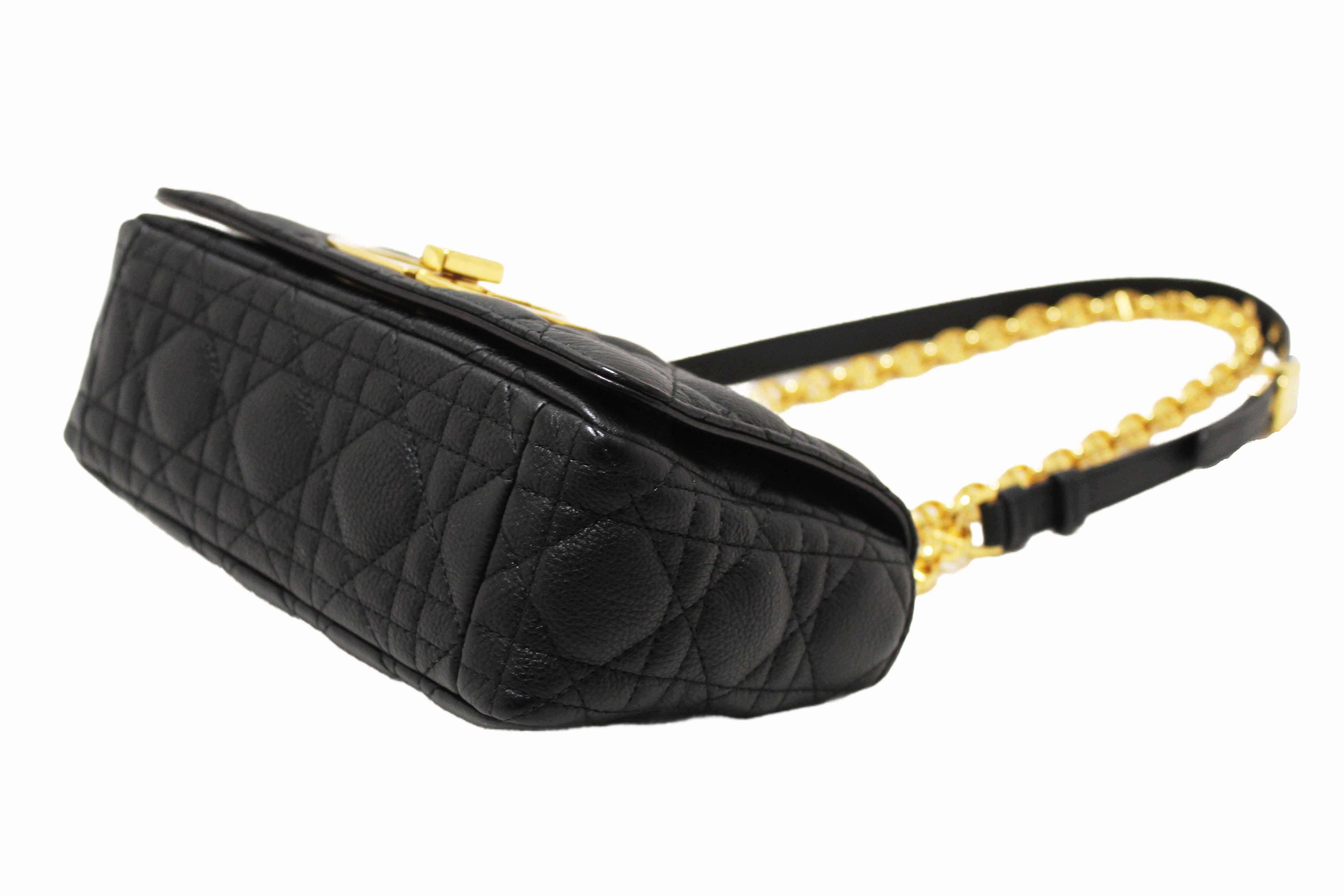 Authentic Christian Dior Black Macrocannage Caviar Leather Small Caro Shoulder Crossbody Bag