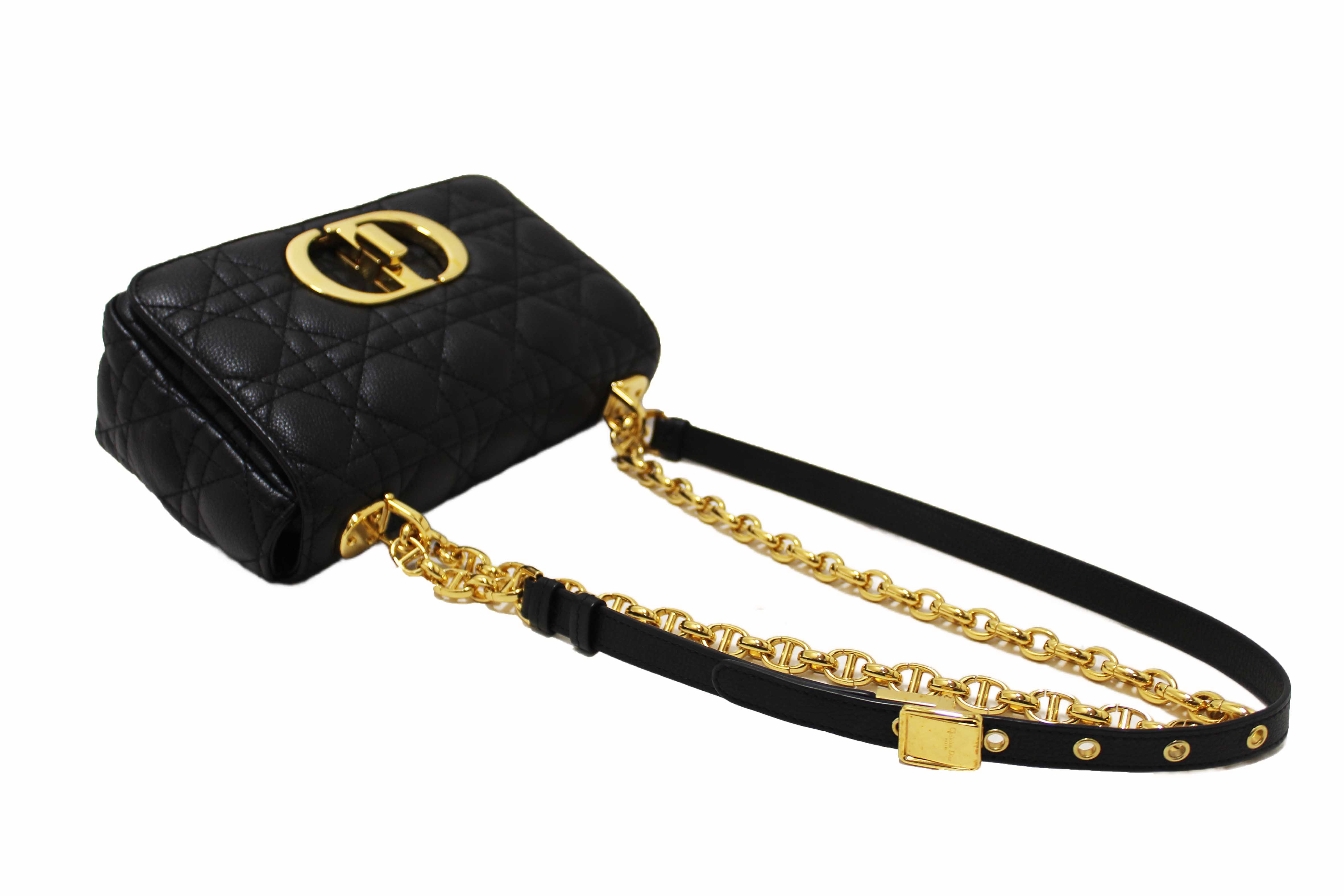Authentic Christian Dior Black Macrocannage Caviar Leather Small Caro Shoulder Crossbody Bag