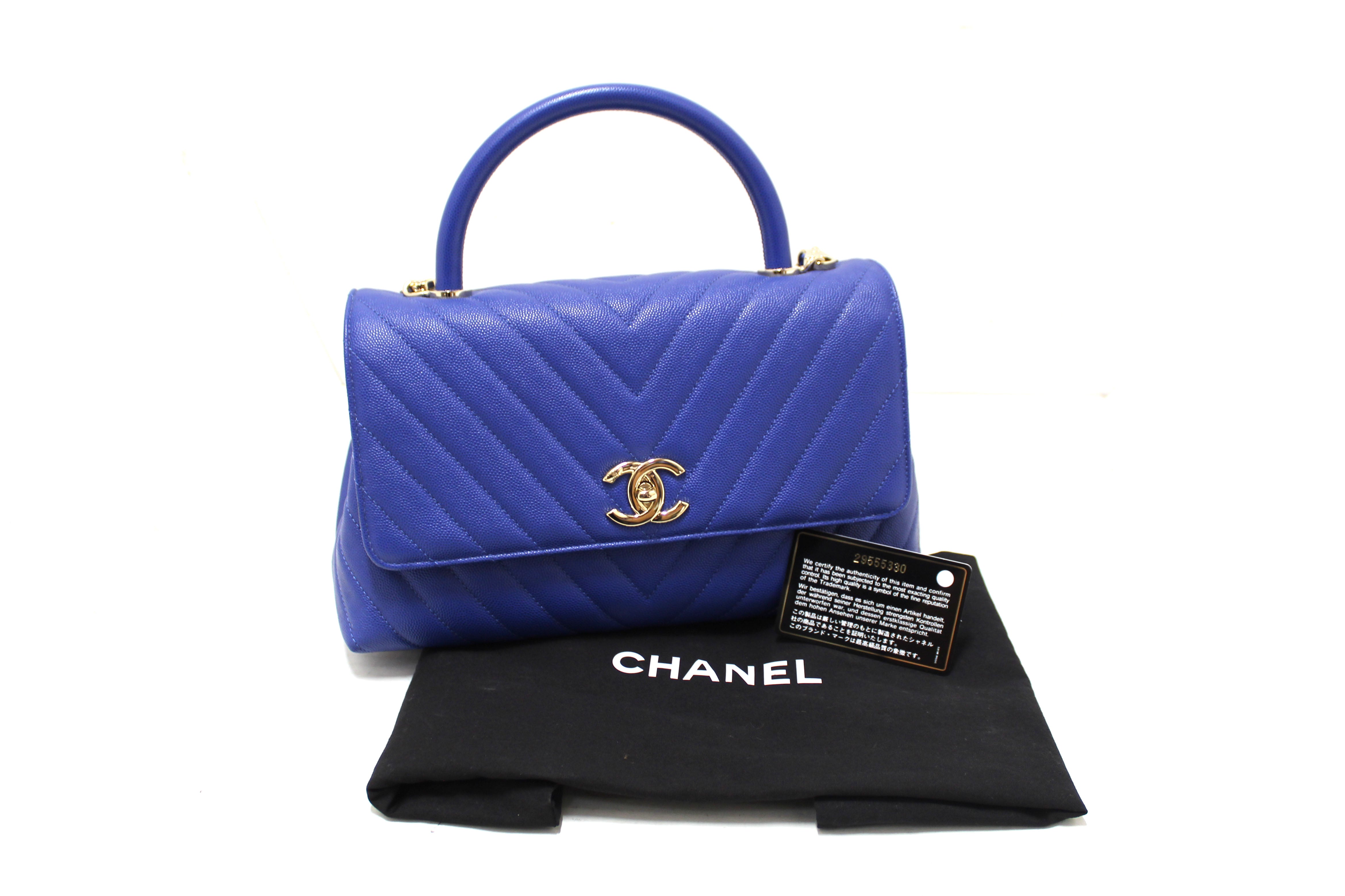Authentic Chanel Blue Chevron Caviar Leather Medium CoCo Handle Flap Bag