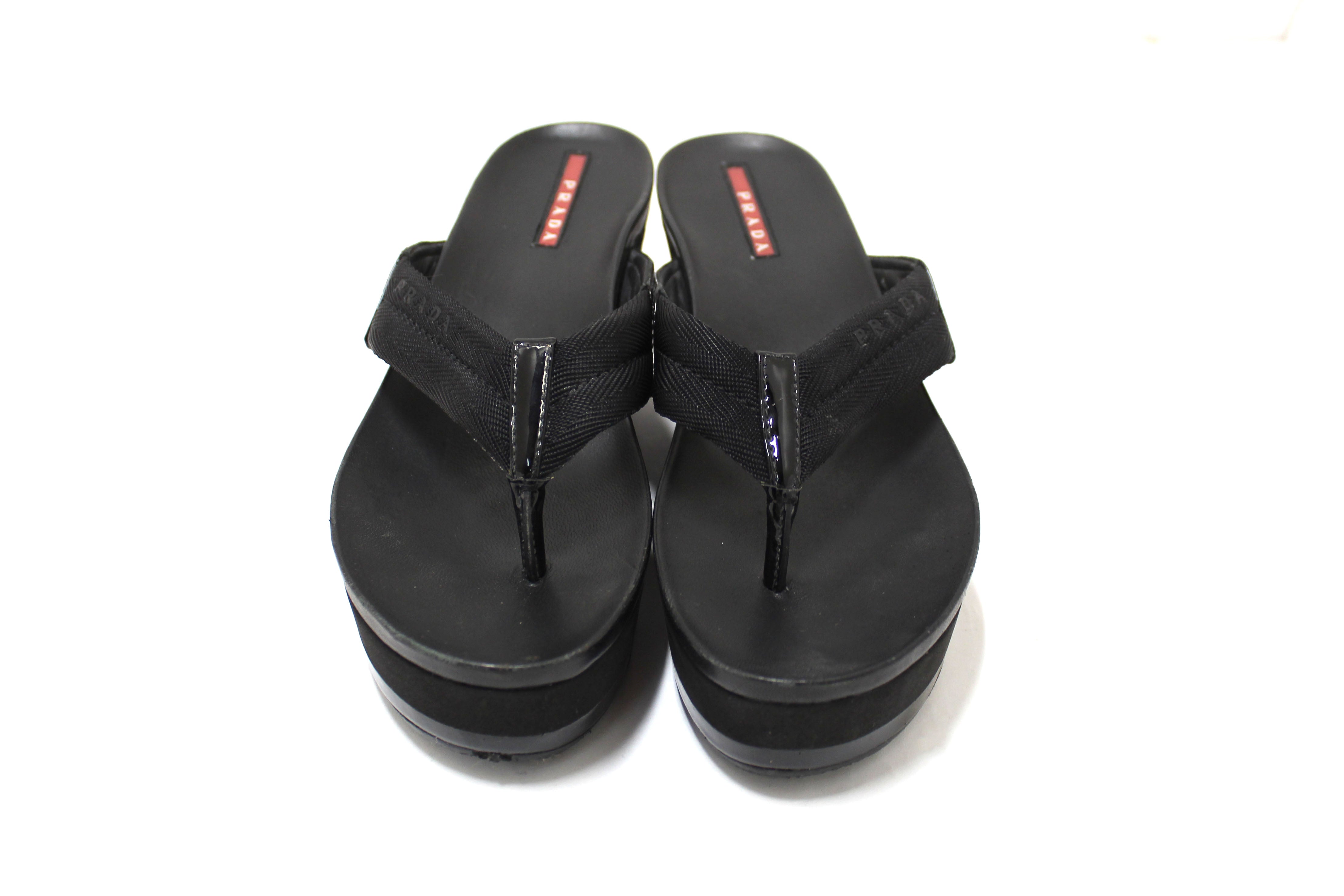 Authentic Prada Black Canvas and Leather Sports Thong Wedge