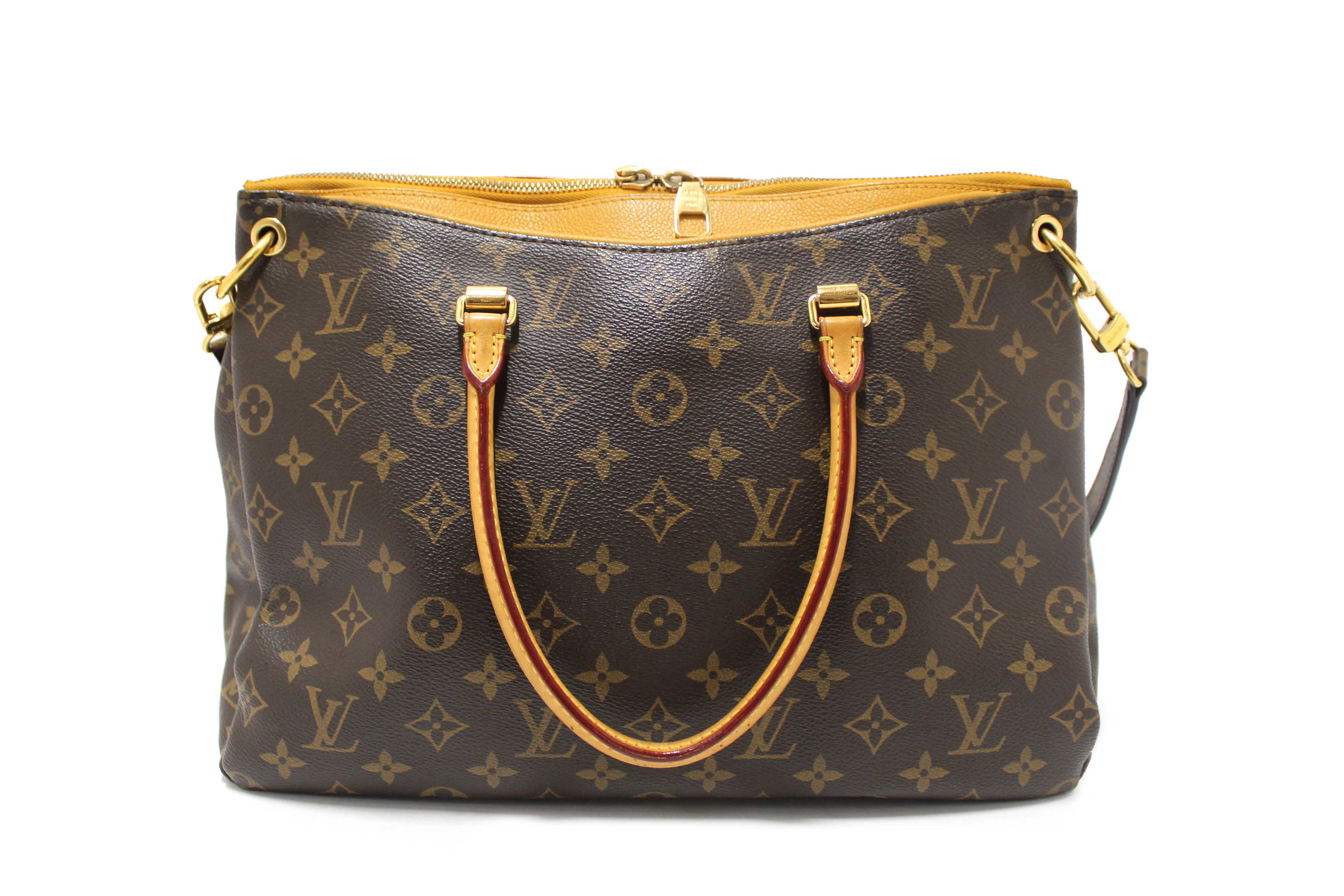 Authentic Louis Vuitton Classic Monogram with Safran Leather Pallas MM Handbag