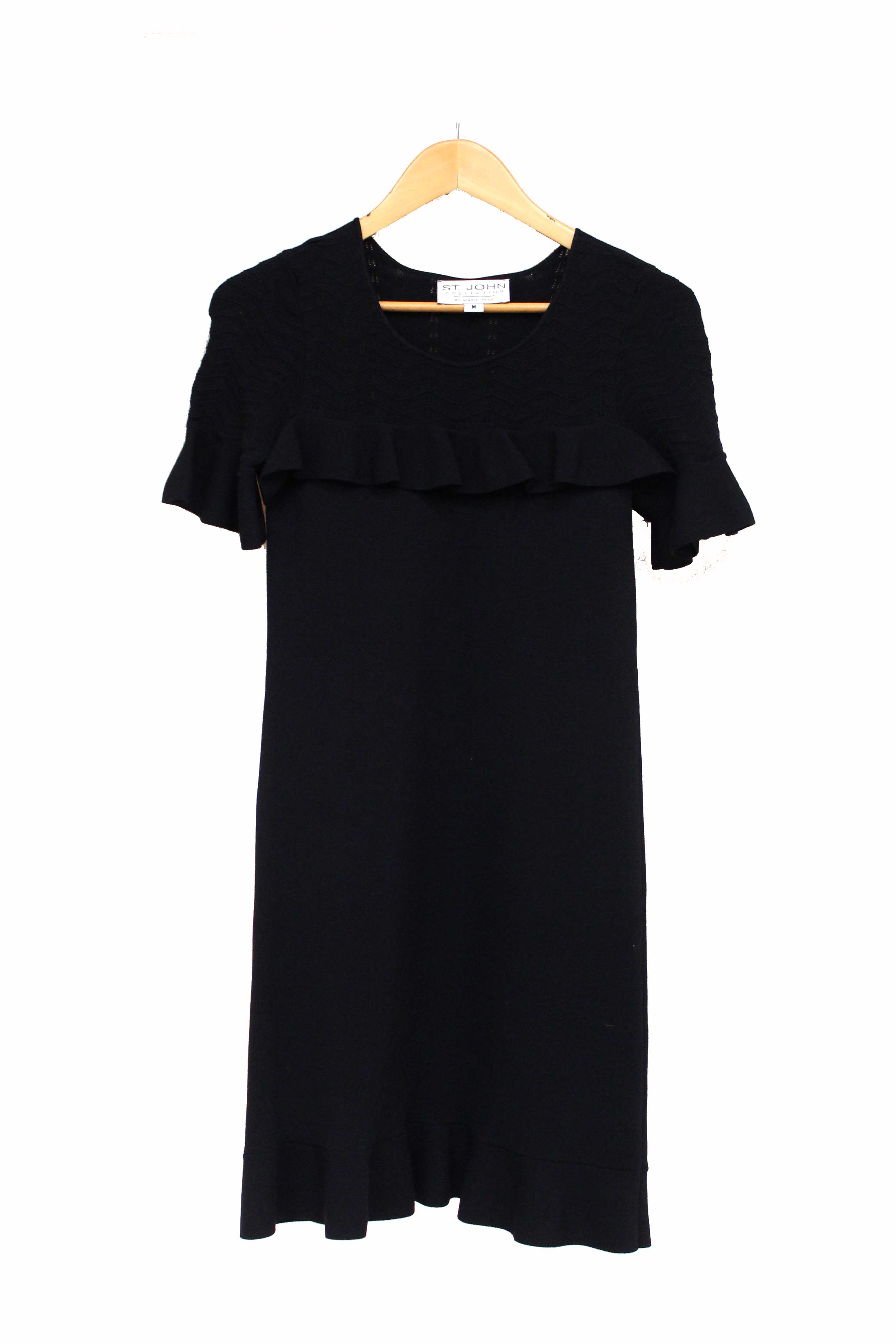 Authentic St John Black Chevron Ruffle Sweater Dress Size M
