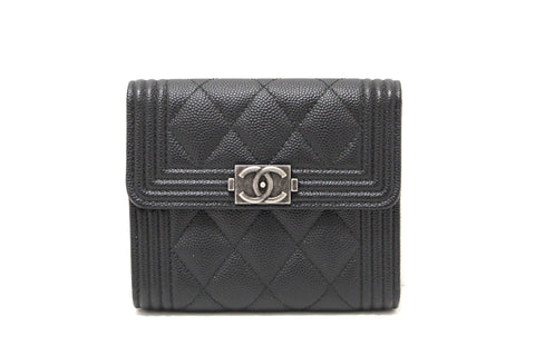 NEW Authentic Chanel Black Quilted Caviar Leather Boy Small Trifold Wallet